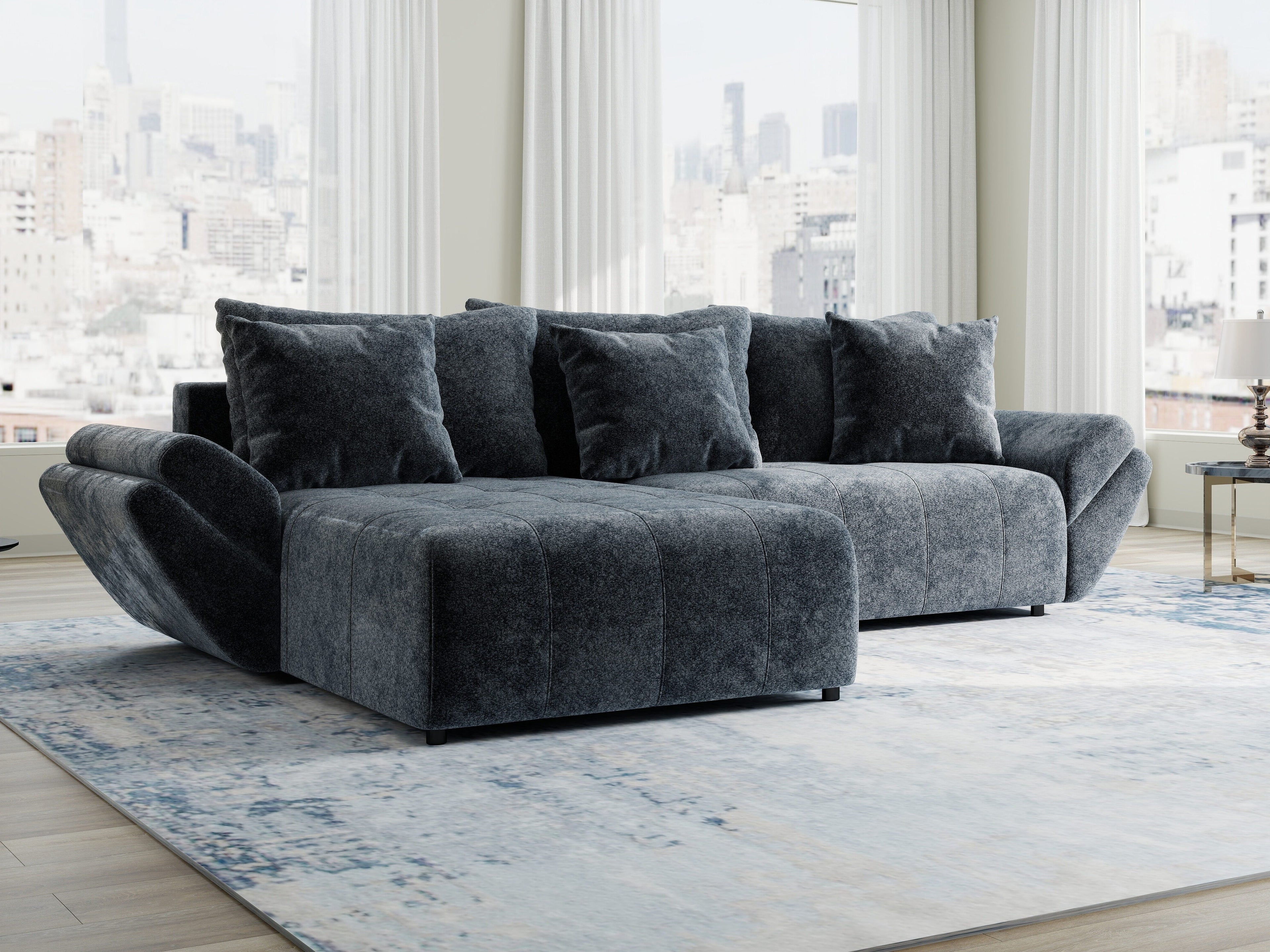 Colțar extensibil dumonde cu ladă de depozitare si sezut confortabil din spuma high-density, Berlin Euphoria Gri Grafit 280x185 cm