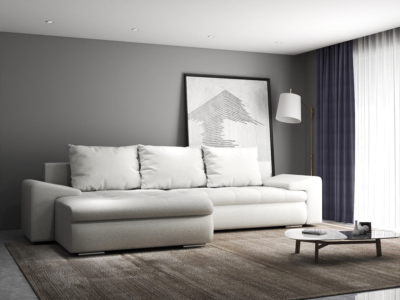 Colțar extensibil dumonde cu ladă de depozitare si sezut confortabil din spuma high-density, Leonardo Euphoria Ivory 260x185 cm