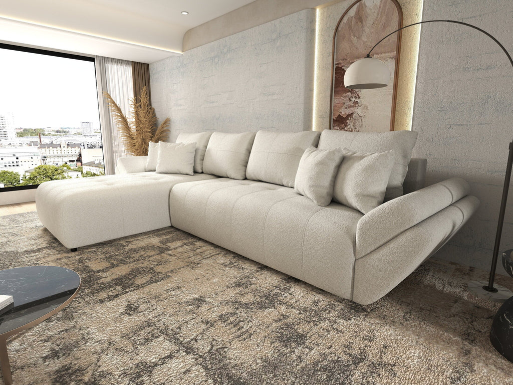 Colțar extensibil dumonde cu ladă de depozitare si sezut confortabil din spuma high-density, Berlin XL Euphoria Ivory 350x185 cm