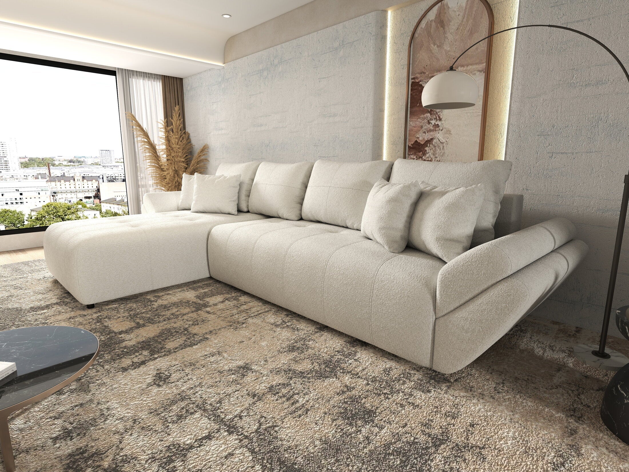 Colțar extensibil dumonde cu ladă de depozitare si sezut confortabil din spuma high-density, Berlin XL Euphoria Ivory 350x185 cm