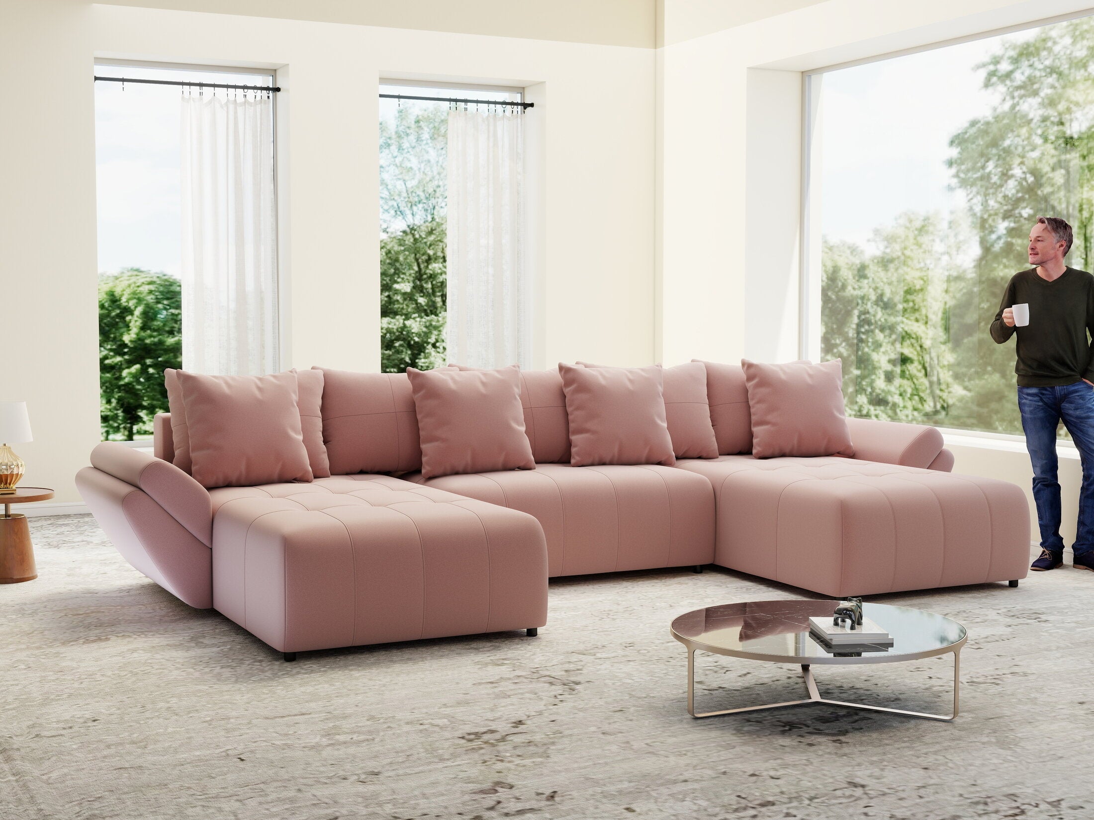 Colțar extensibil dumonde cu ladă de depozitare si sezut confortabil din spuma high-density, Berlin U Royal Roz 380x180 cm