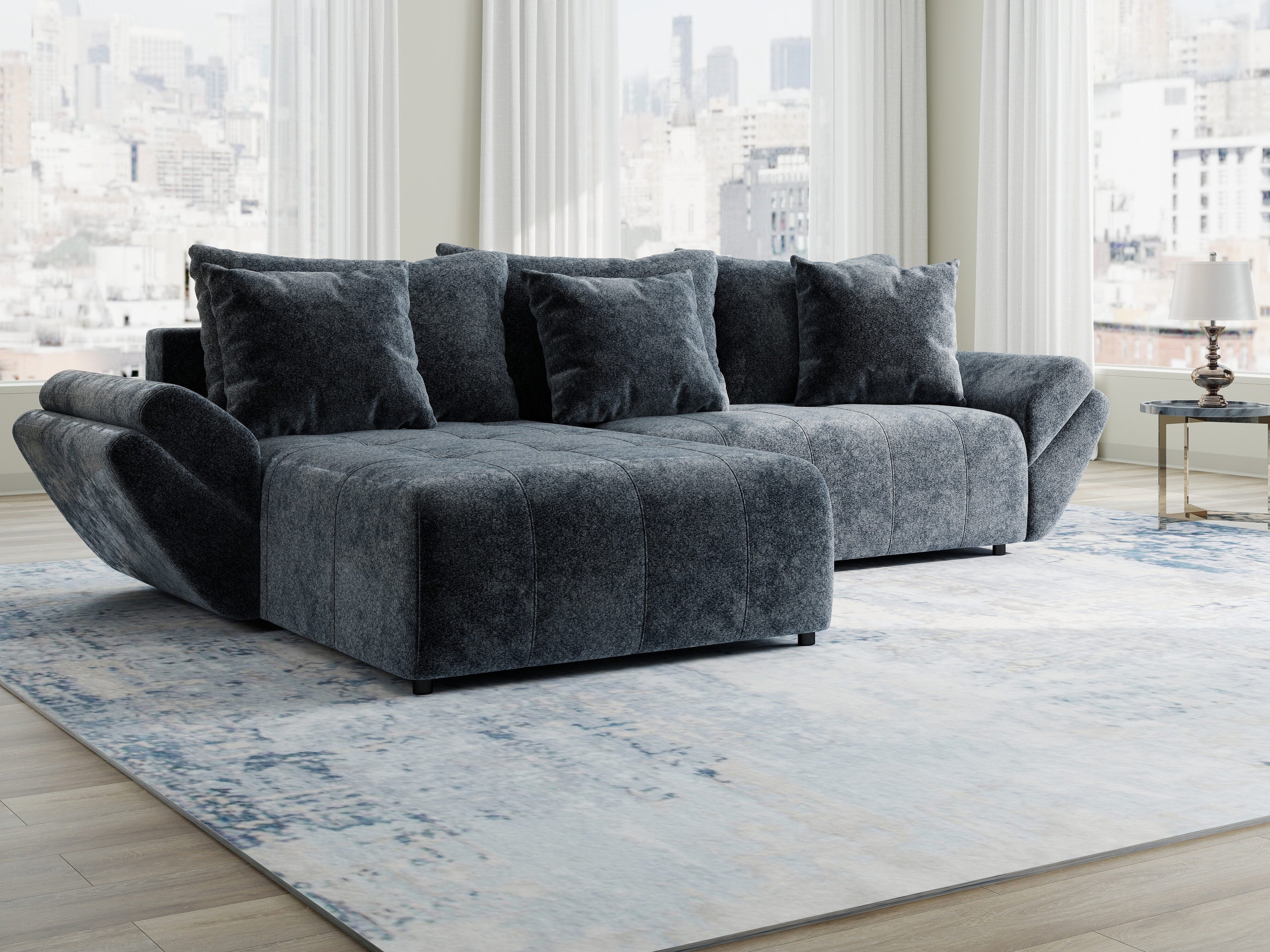 Colțar extensibil dumonde cu ladă de depozitare si sezut confortabil din spuma high-density, Berlin Euphoria Gri Grafit 280x185 cm