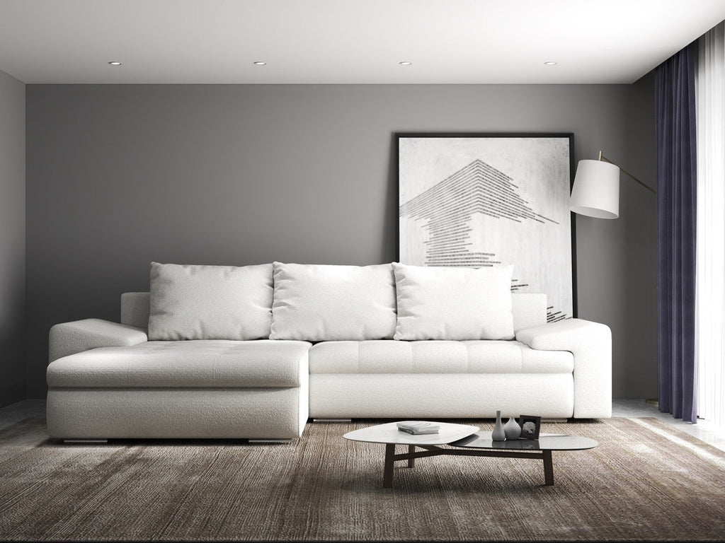 Colțar extensibil dumonde cu ladă de depozitare si sezut confortabil din spuma high-density, Leonardo Euphoria Ivory 260x185 cm