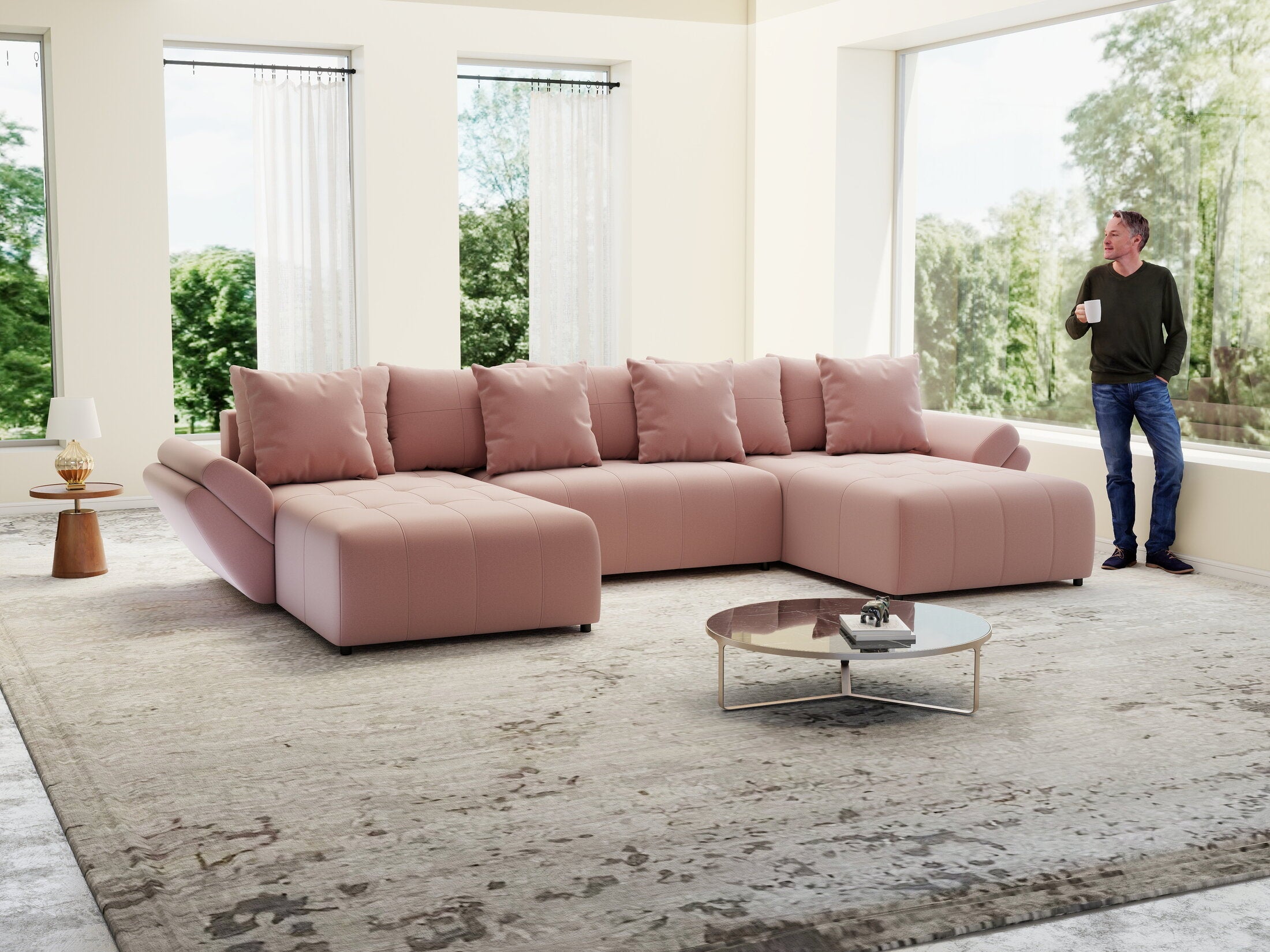 Colțar extensibil dumonde cu ladă de depozitare si sezut confortabil din spuma high-density, Berlin U Royal Roz 380x180 cm