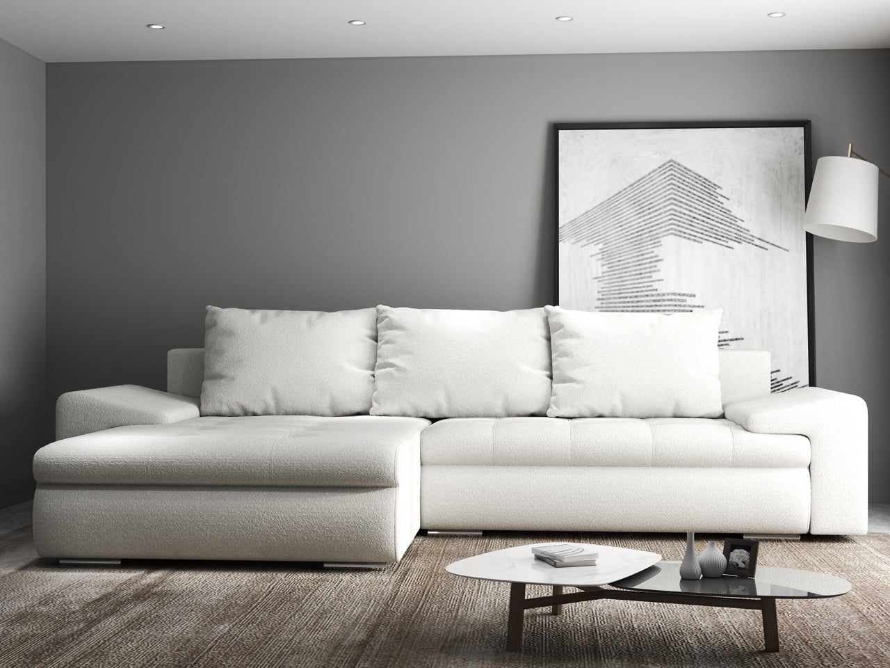 Colțar extensibil dumonde cu ladă de depozitare si sezut confortabil din spuma high-density, Leonardo Euphoria Ivory 260x185 cm