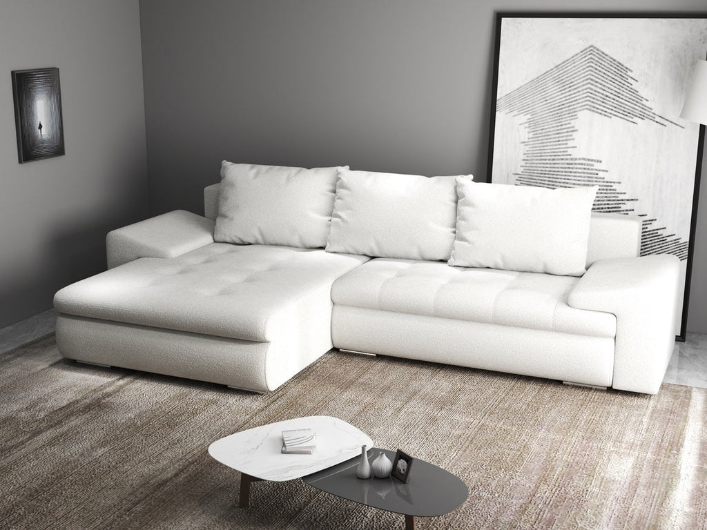 Colțar extensibil dumonde cu ladă de depozitare si sezut confortabil din spuma high-density, Leonardo Euphoria Ivory 260x185 cm