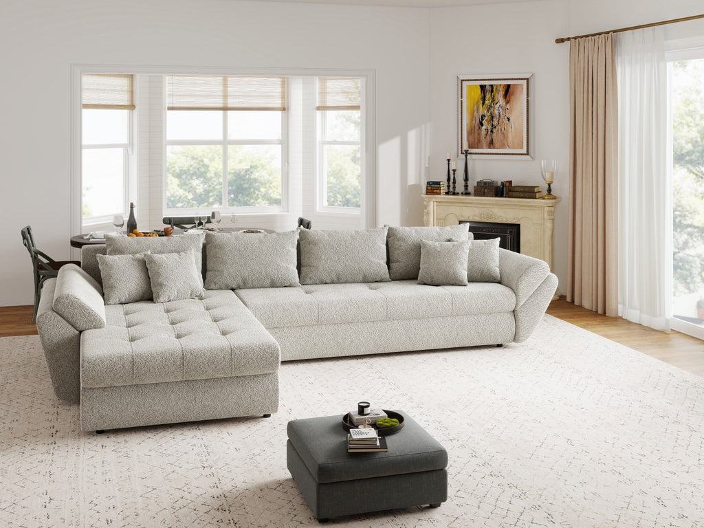 Colțar extensibil dumonde cu ladă de depozitare si sezut confortabil din spuma high-density, Loana XL Arena Bej 20 335x185 cm