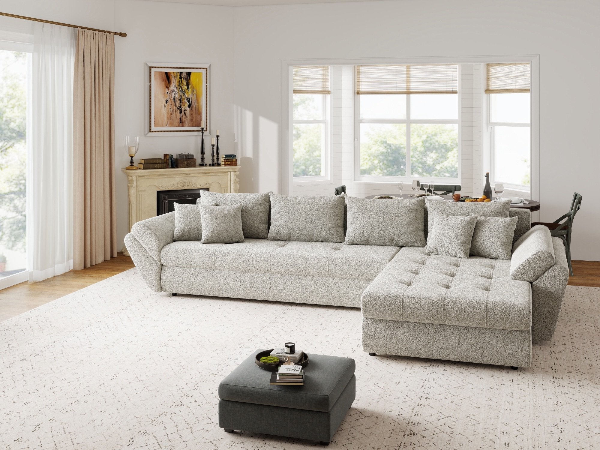 Colțar extensibil dumonde cu ladă de depozitare si sezut confortabil din spuma high-density, Loana XL Arena Bej 20 II 335x185 cm