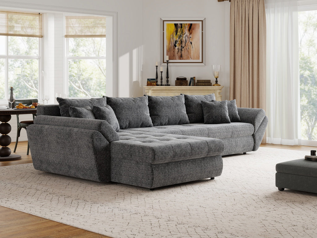 Colțar extensibil dumonde cu ladă de depozitare si sezut confortabil din spuma high-density, Loana XL Cremona Gri 335x185 cm
