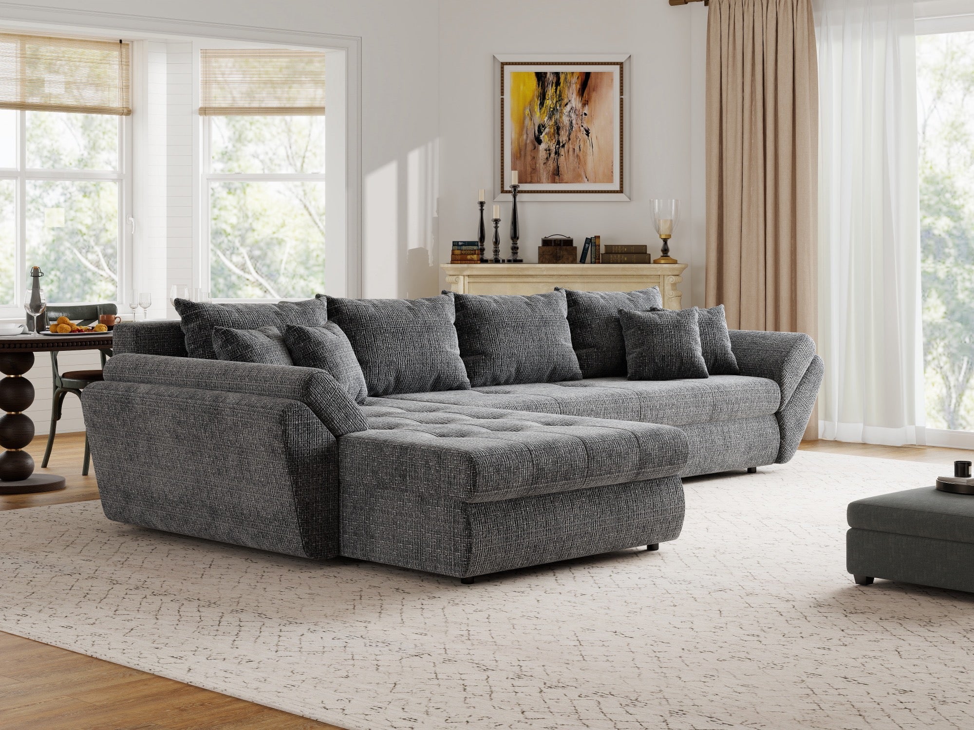 Colțar extensibil dumonde cu ladă de depozitare si sezut confortabil din spuma high-density, Loana XL Cremona Gri 335x185 cm