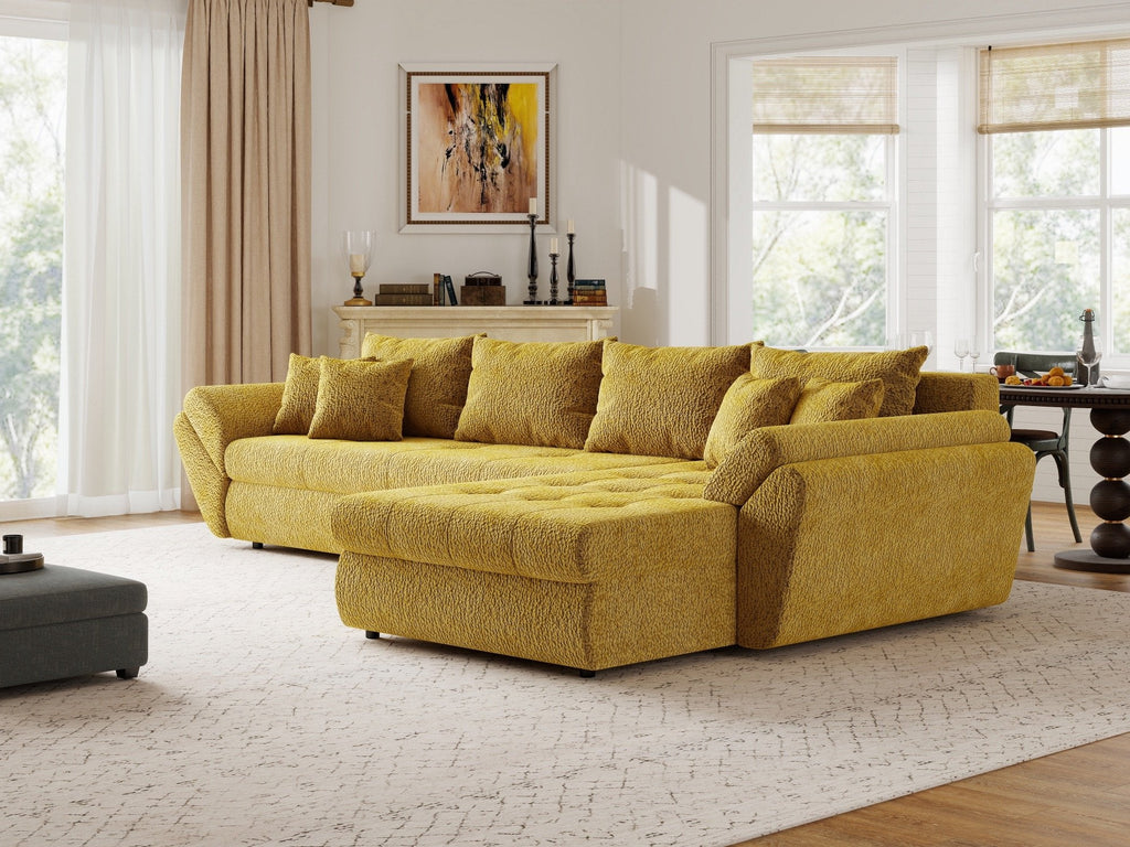 Colțar extensibil dumonde cu ladă de depozitare si sezut confortabil din spuma high-density, Loana XL Jaguar Galben Mustar II 335x185 cm
