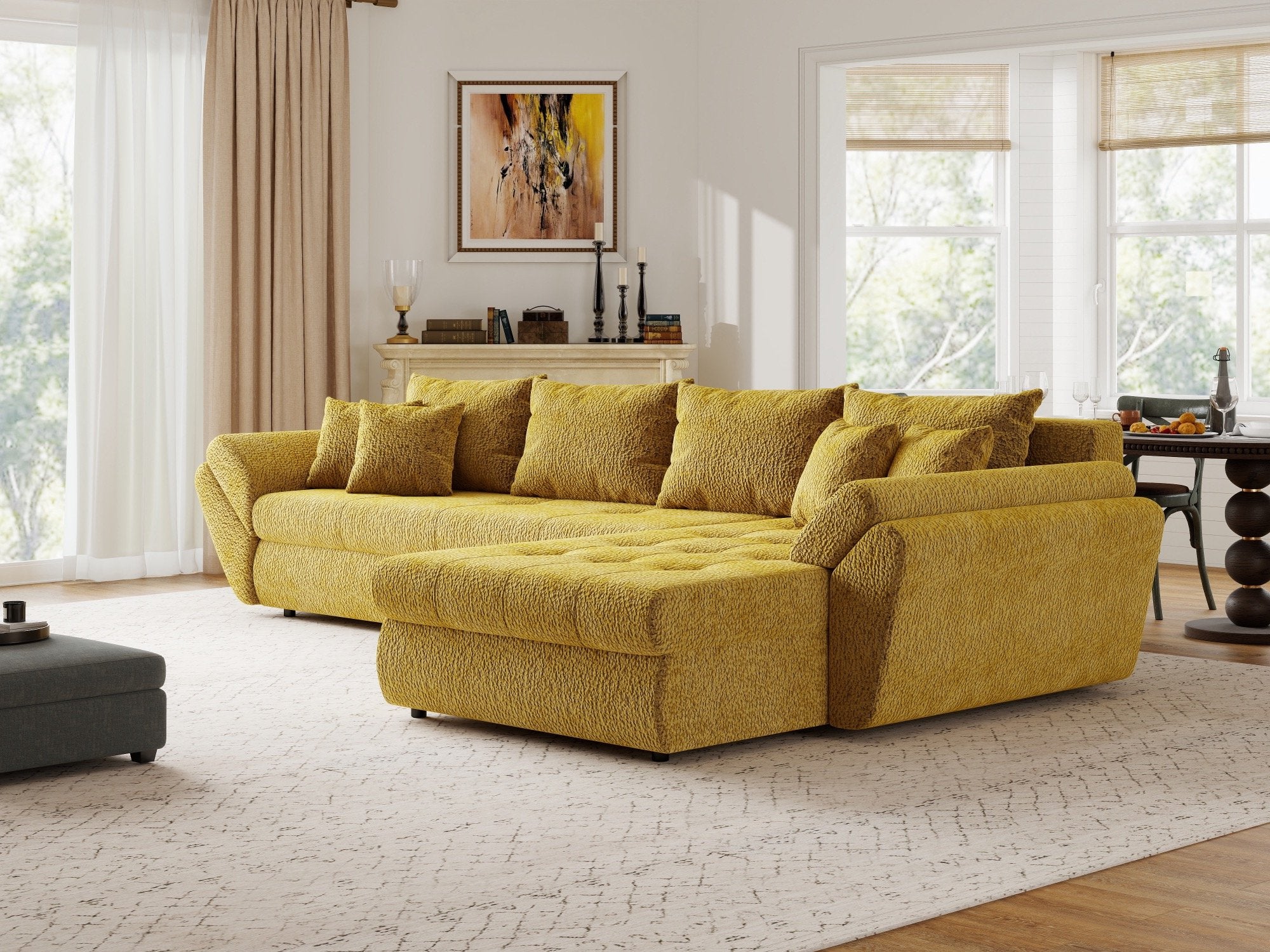 Colțar extensibil dumonde cu ladă de depozitare si sezut confortabil din spuma high-density, Loana XL Jaguar Galben Mustar II 335x185 cm
