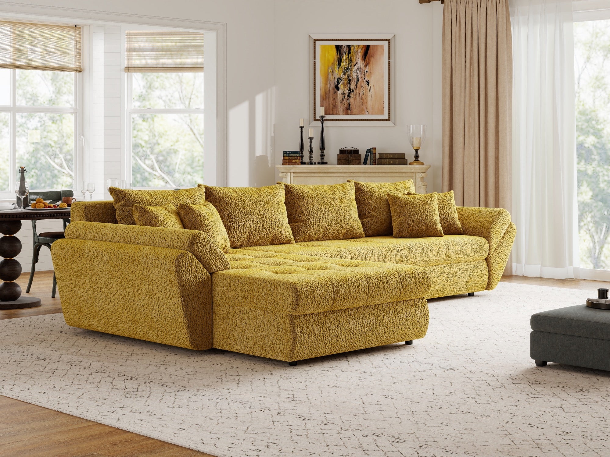 Colțar extensibil dumonde cu ladă de depozitare si sezut confortabil din spuma high-density, Loana XL Jaguar Galben Mustar 335x185 cm