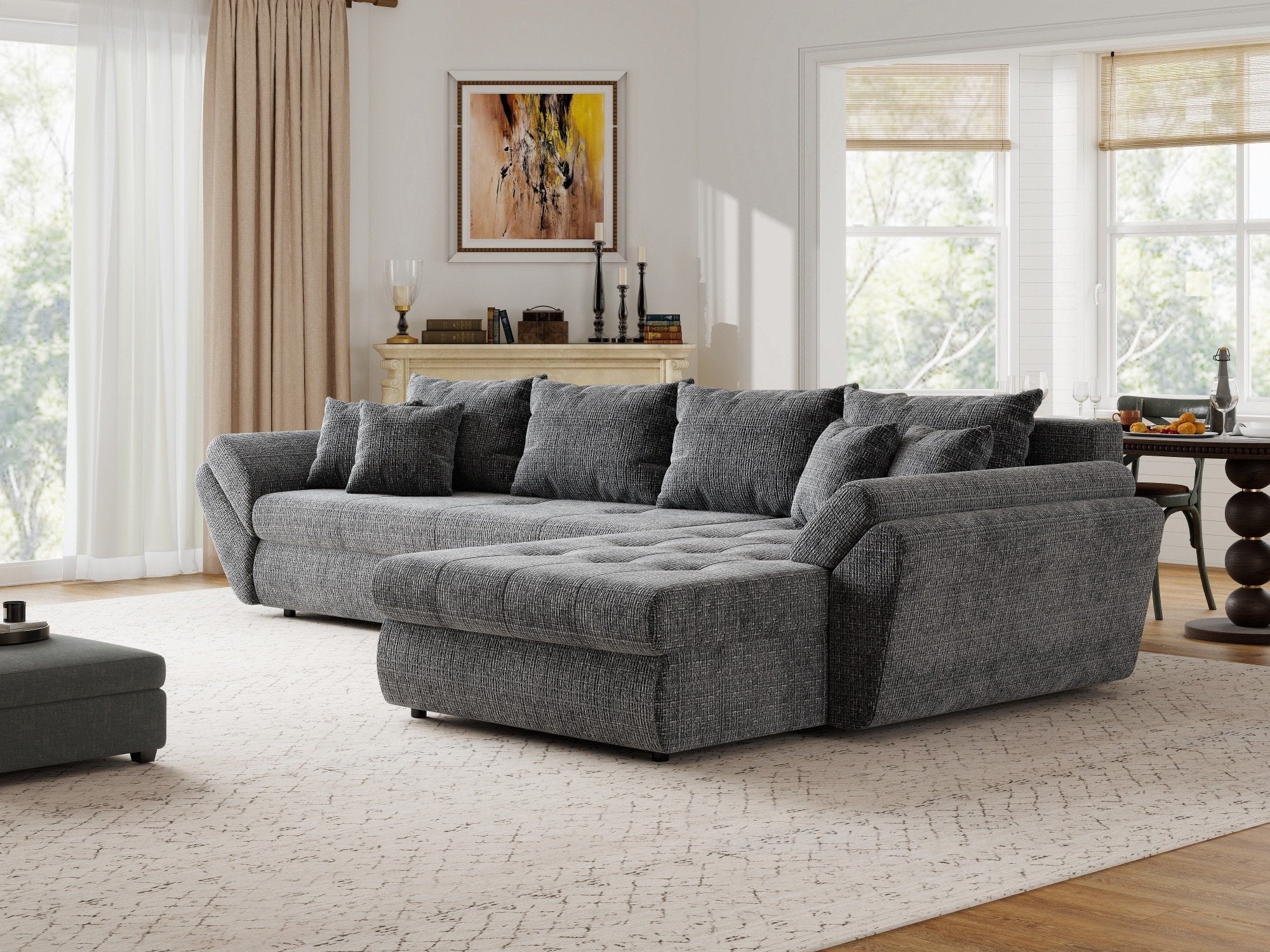 Colțar extensibil dumonde cu ladă de depozitare si sezut confortabil din spuma high-density, Loana XL Cremona Gri II 335x185 cm