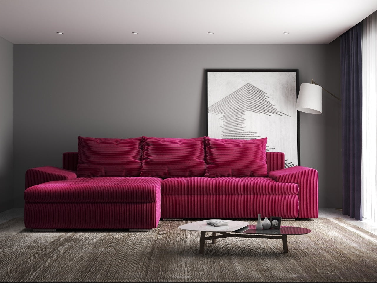 Colțar extensibil dumonde cu ladă de depozitare si sezut confortabil din spuma high-density, Leonardo Zoom Rosu 260x185 cm