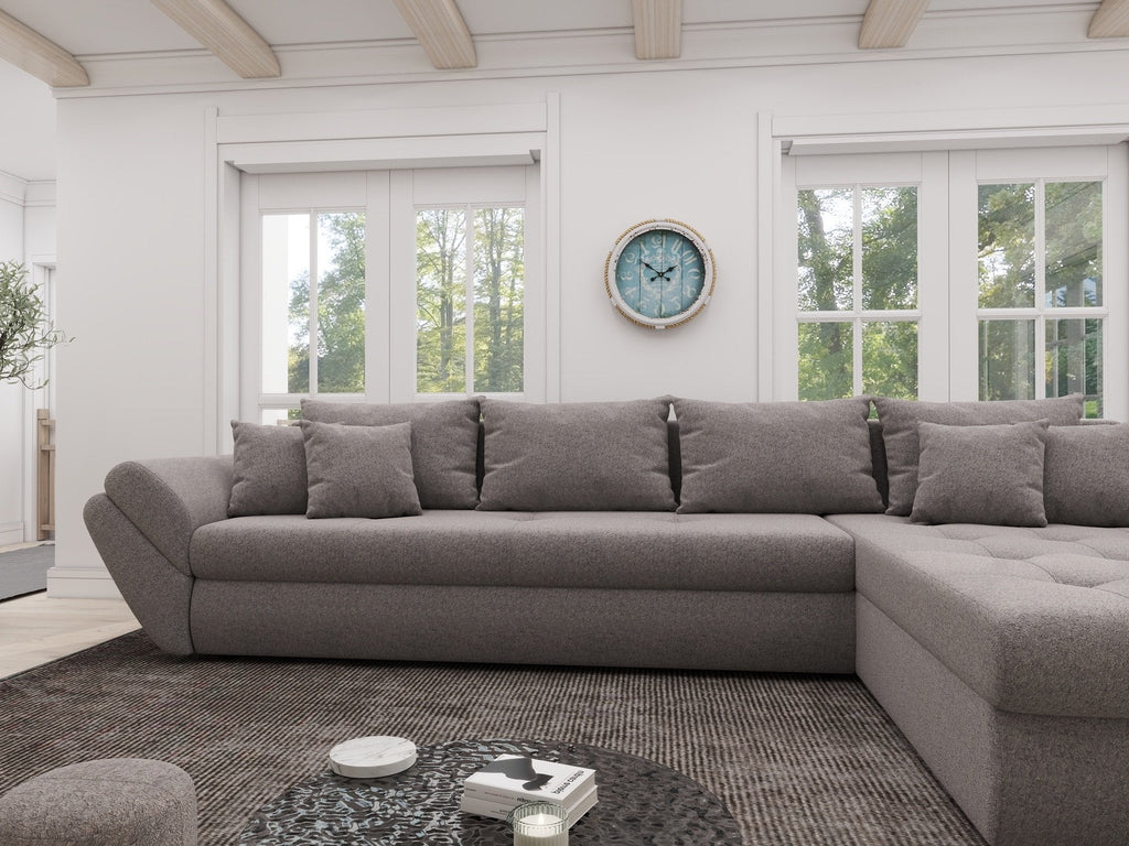 Colțar extensibil dumonde cu ladă de depozitare si sezut confortabil din spuma high-density, Loana XL Monte Gri 16 II 335x185 cm