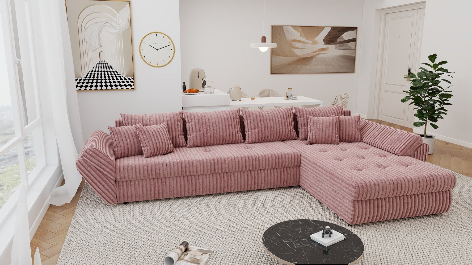 Colțar extensibil dumonde cu ladă de depozitare si sezut confortabil din spuma high-density, Loana XL Tilia Roz Pudrat II 335x185 cm