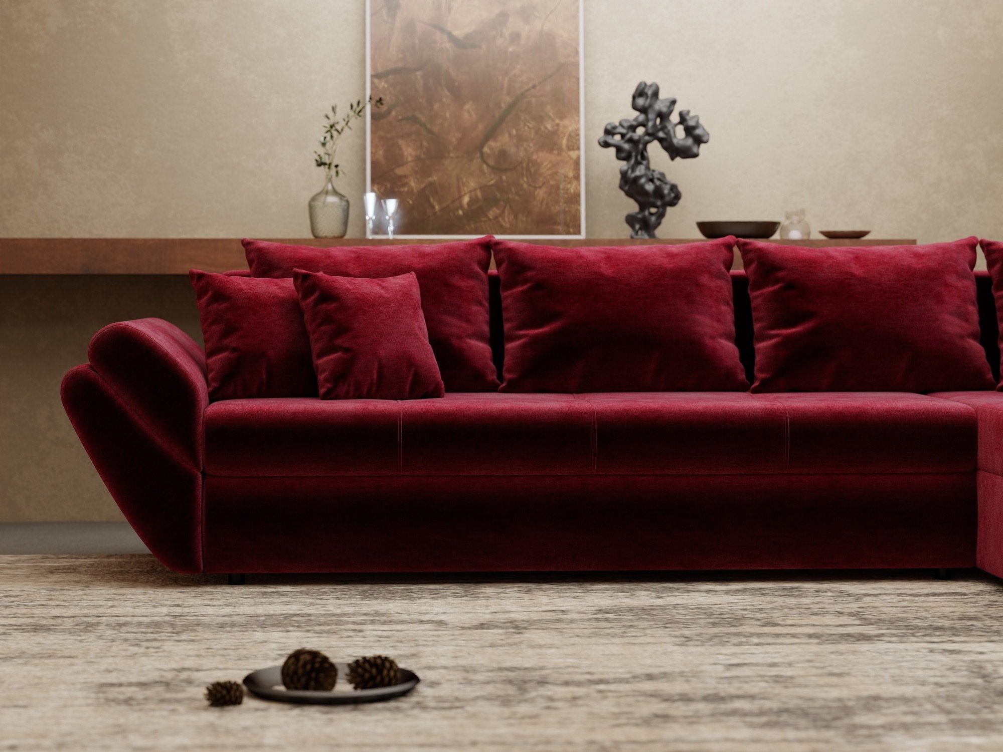 Colțar extensibil dumonde cu ladă de depozitare si sezut confortabil din spuma high-density, Loana XL Monolith Rosu II 335x185 cm