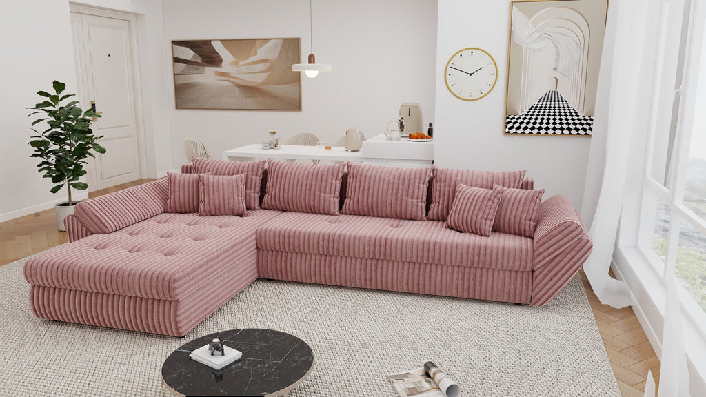 Colțar extensibil dumonde cu ladă de depozitare si sezut confortabil din spuma high-density, Loana XL Tilia Roz Pudrat 335x185 cm