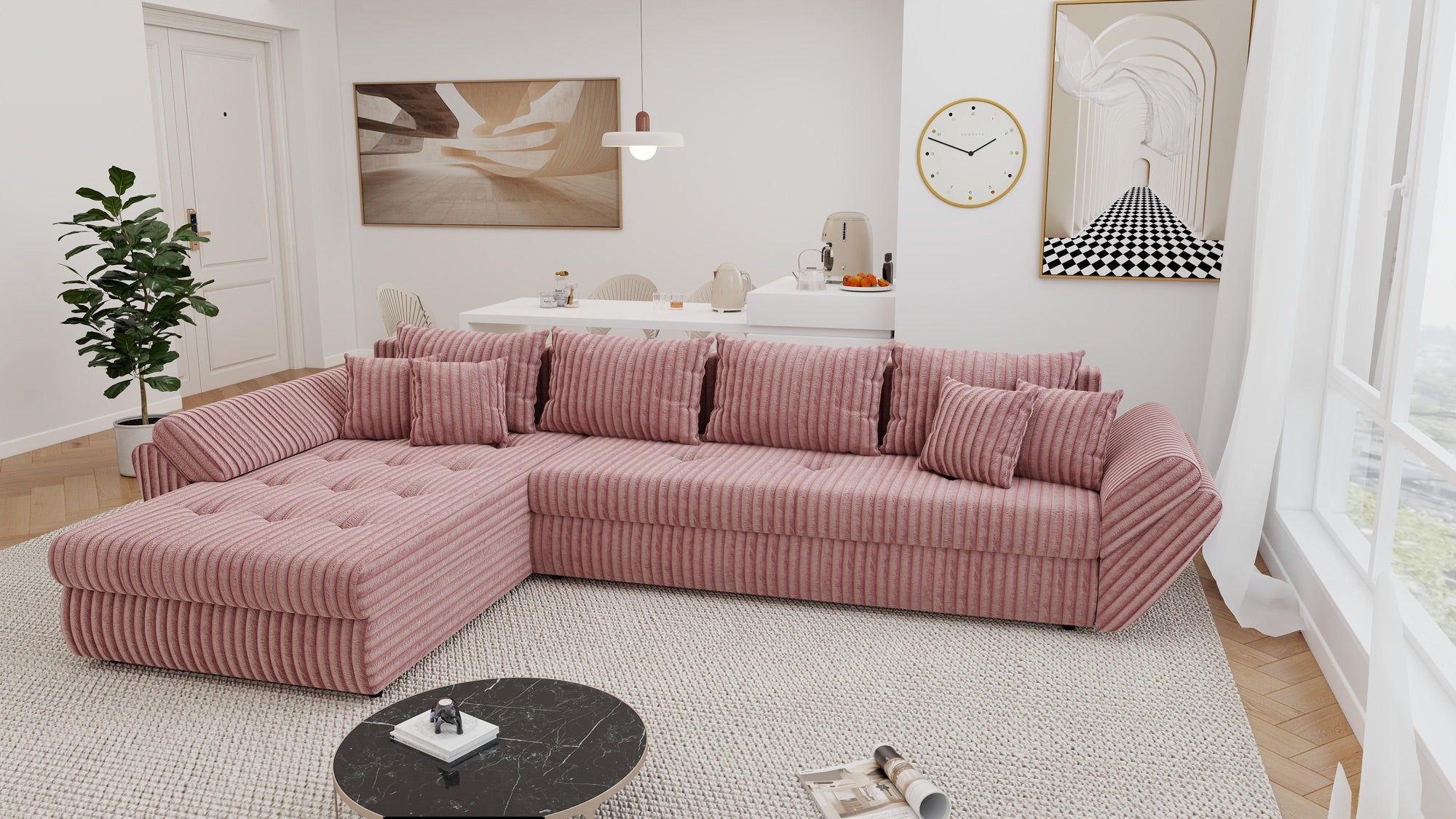 Colțar extensibil dumonde cu ladă de depozitare si sezut confortabil din spuma high-density, Loana XL Tilia Roz Pudrat 335x185 cm