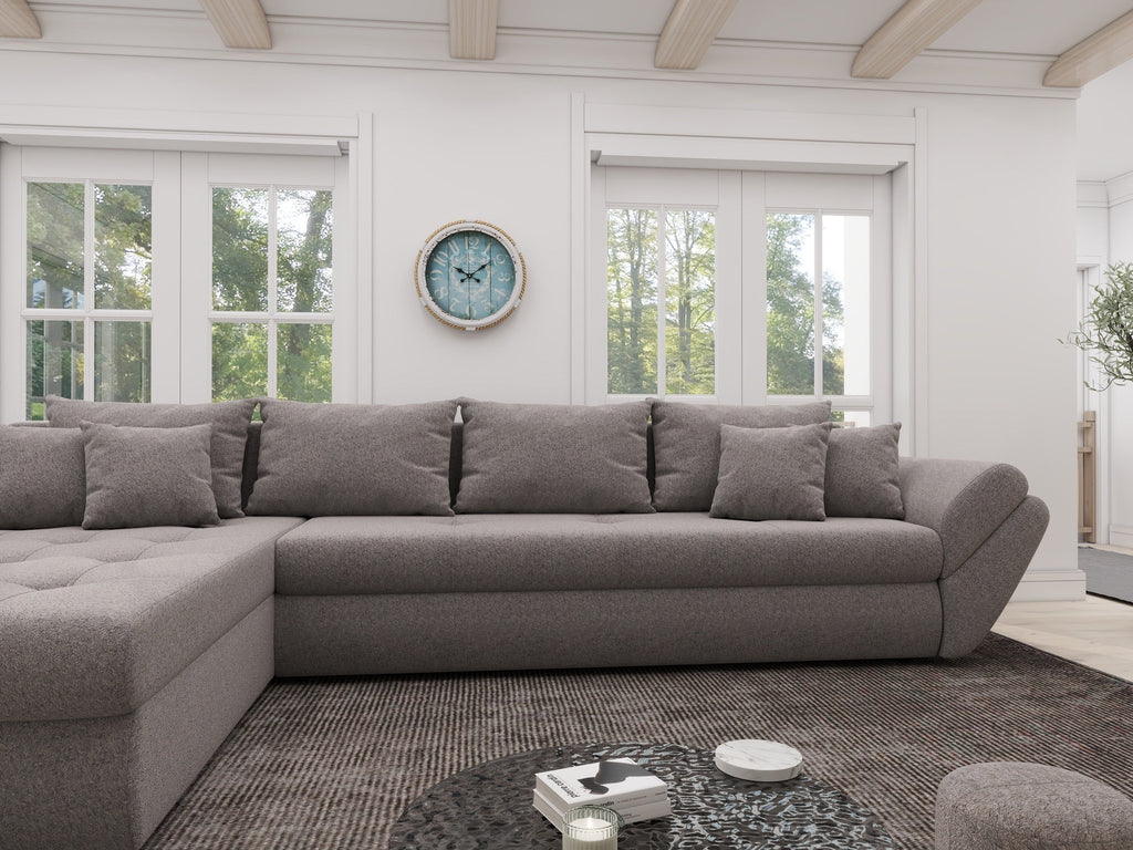 Colțar extensibil dumonde cu ladă de depozitare si sezut confortabil din spuma high-density, Loana XL Monte Gri 16 335x185 cm