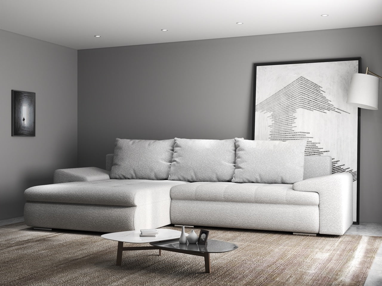 Colțar extensibil dumonde cu ladă de depozitare si sezut confortabil din spuma high-density, Leonardo Euphoria Dove 260x185 cm