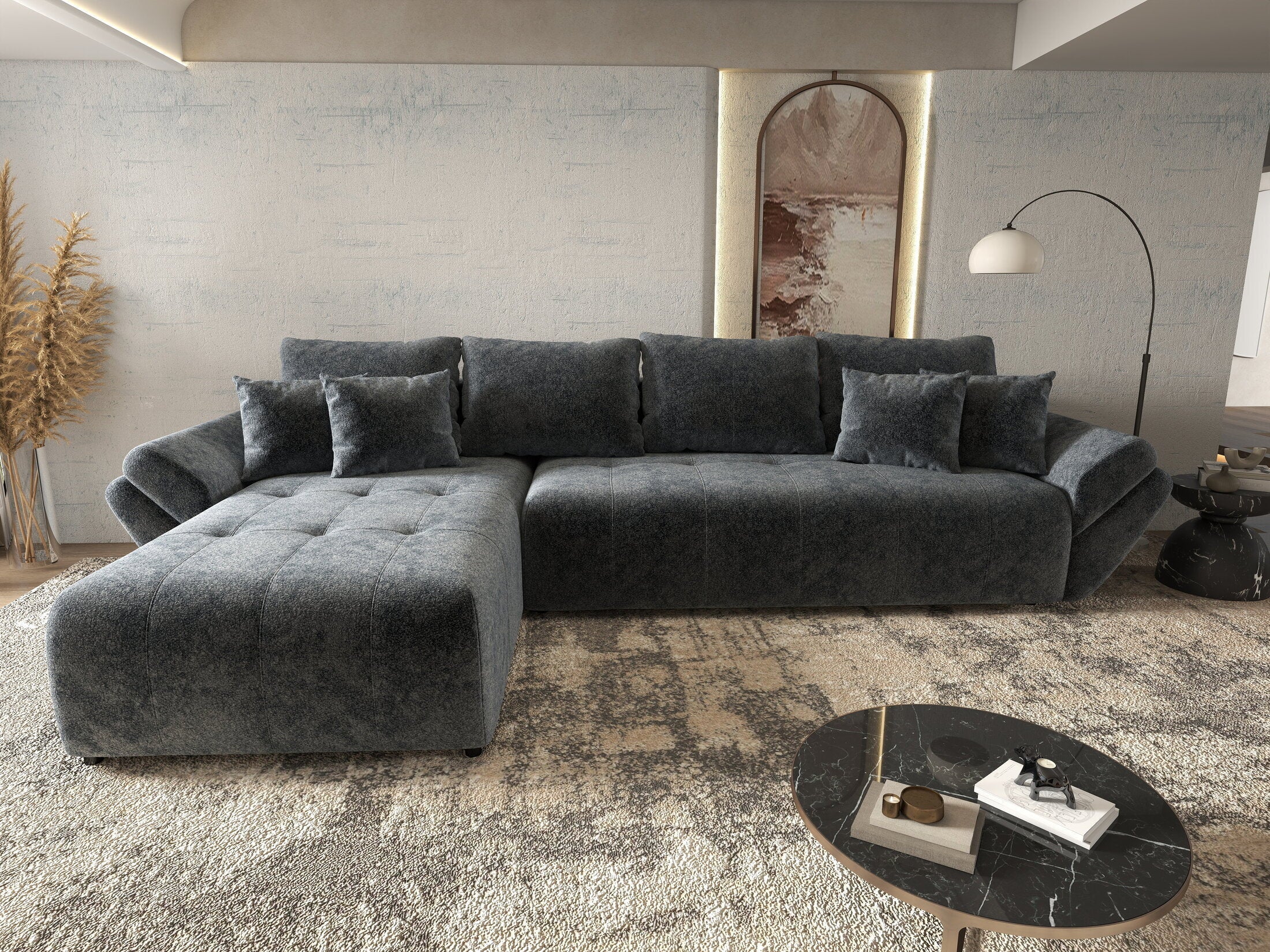 Colțar extensibil dumonde cu ladă de depozitare si sezut confortabil din spuma high-density, Berlin XL Euphoria Graphite 350x185 cm