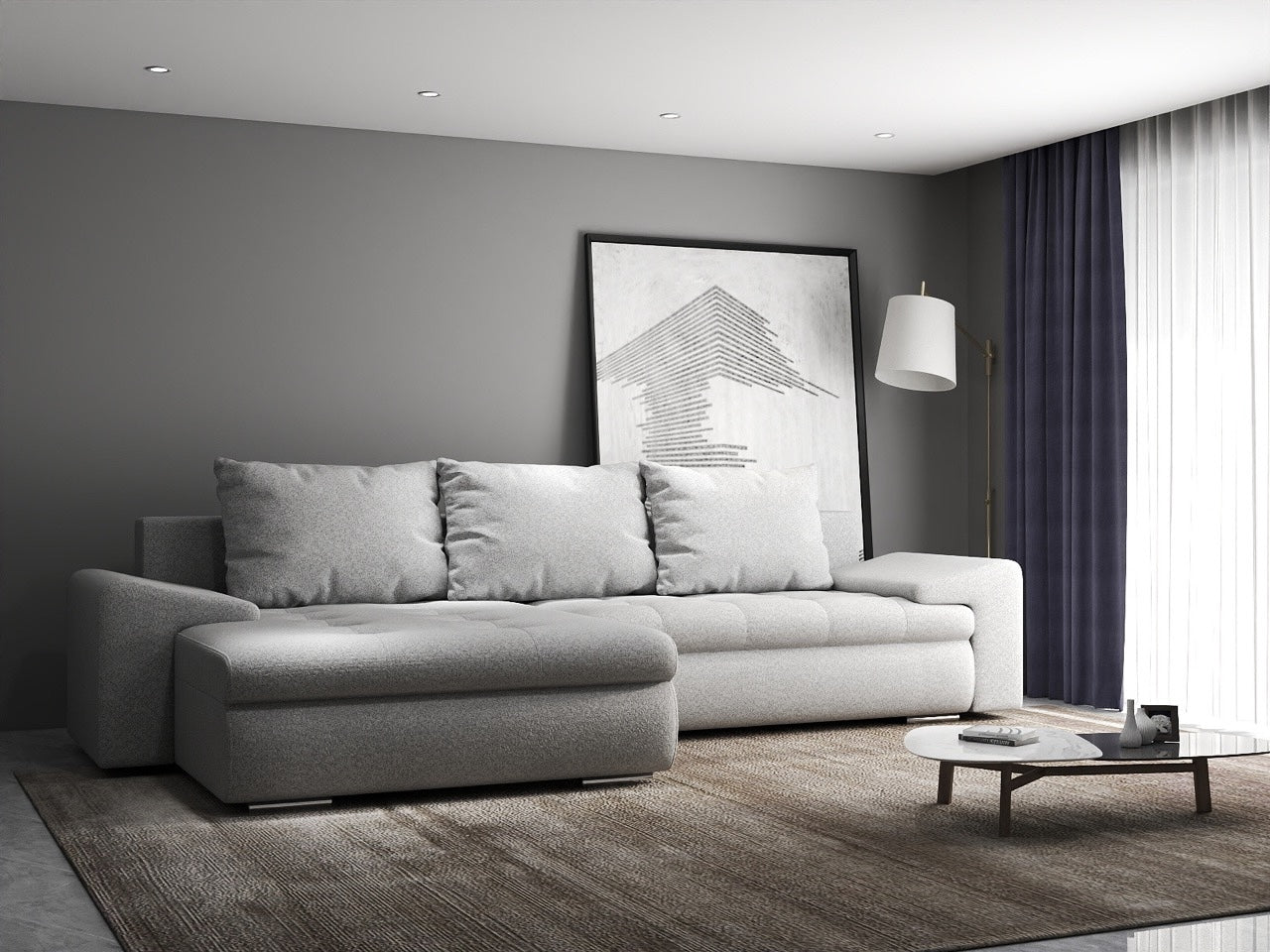 Colțar extensibil dumonde cu ladă de depozitare si sezut confortabil din spuma high-density, Leonardo Euphoria Dove 260x185 cm