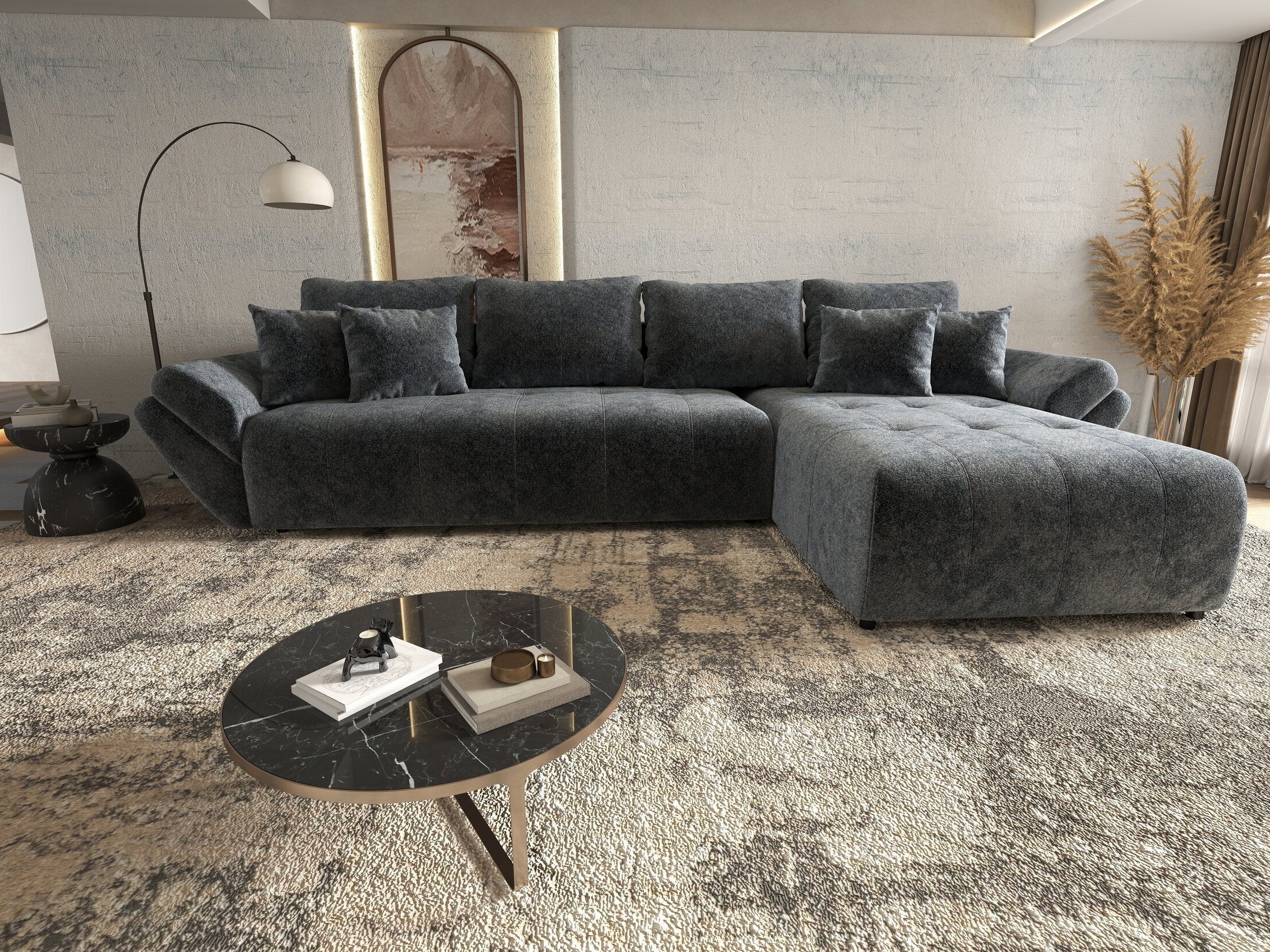 Colțar extensibil dumonde cu ladă de depozitare si sezut confortabil din spuma high-density, Berlin XL Euphoria Graphite 350x185 cm II