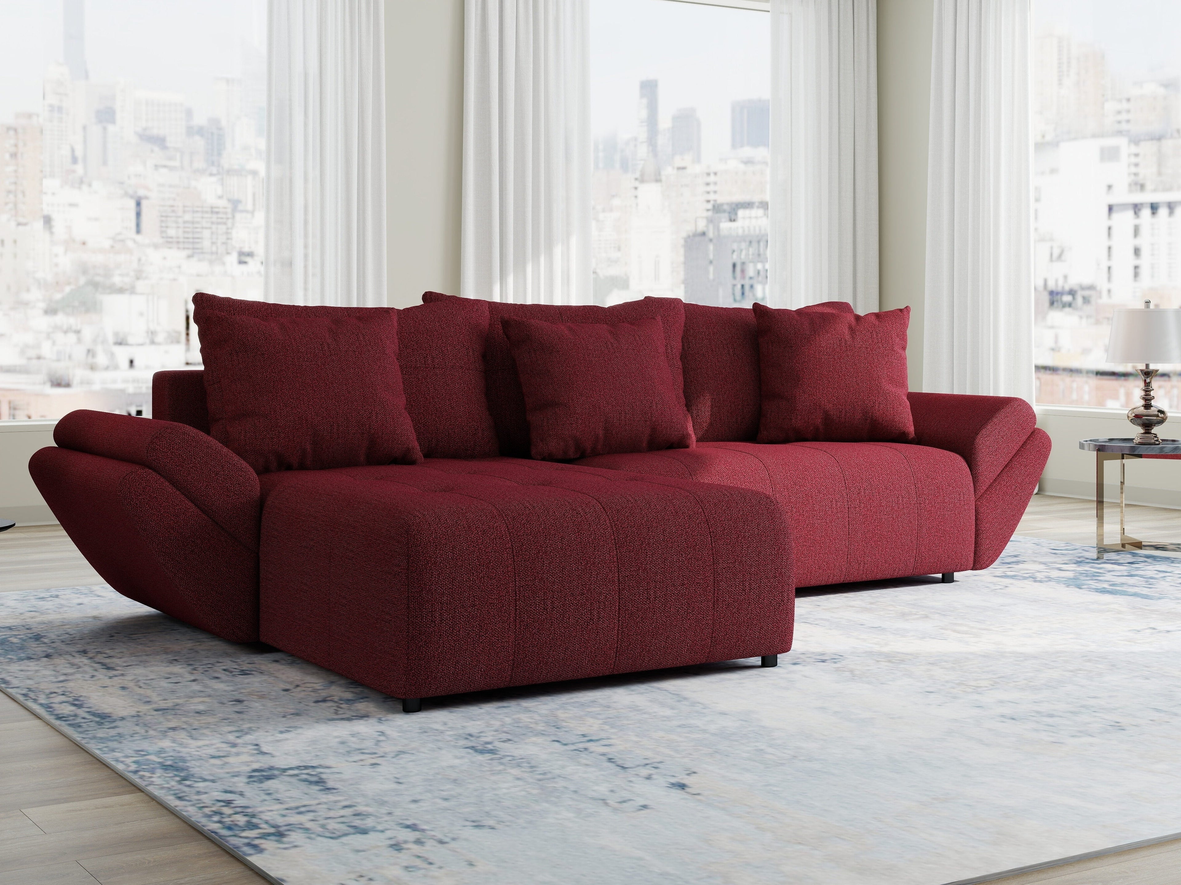 Colțar extensibil dumonde cu ladă de depozitare si sezut confortabil din spuma high-density, Berlin Enjoy Rosu 280x185 cm