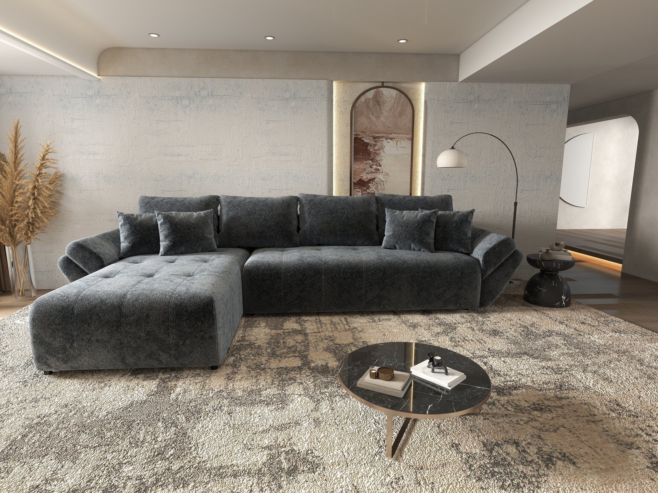 Colțar extensibil dumonde cu ladă de depozitare si sezut confortabil din spuma high-density, Berlin XL Euphoria Graphite 350x185 cm