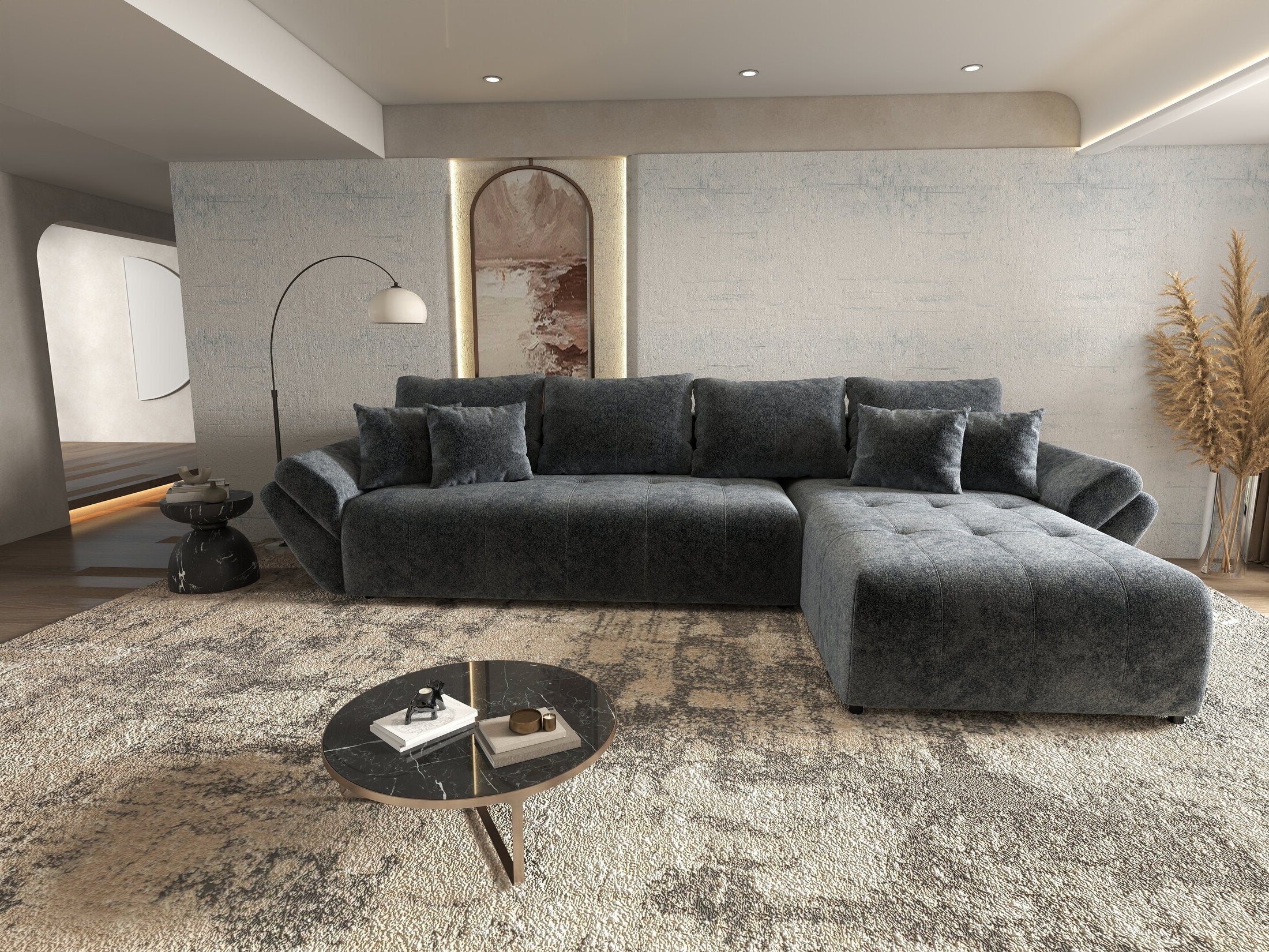 Colțar extensibil dumonde cu ladă de depozitare si sezut confortabil din spuma high-density, Berlin XL Euphoria Graphite 350x185 cm II