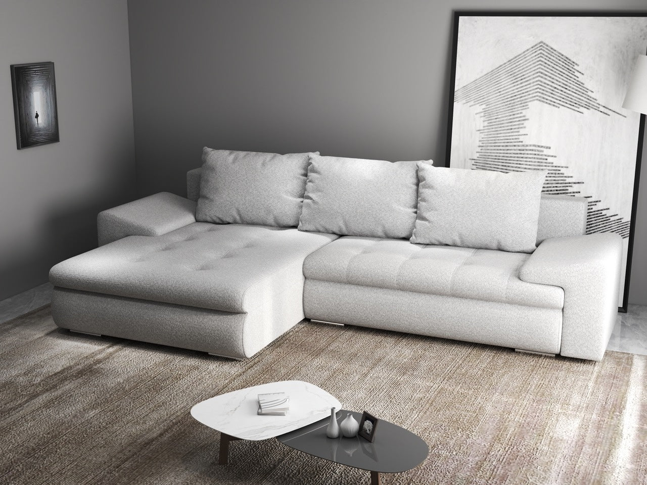 Colțar extensibil dumonde cu ladă de depozitare si sezut confortabil din spuma high-density, Leonardo Euphoria Dove 260x185 cm