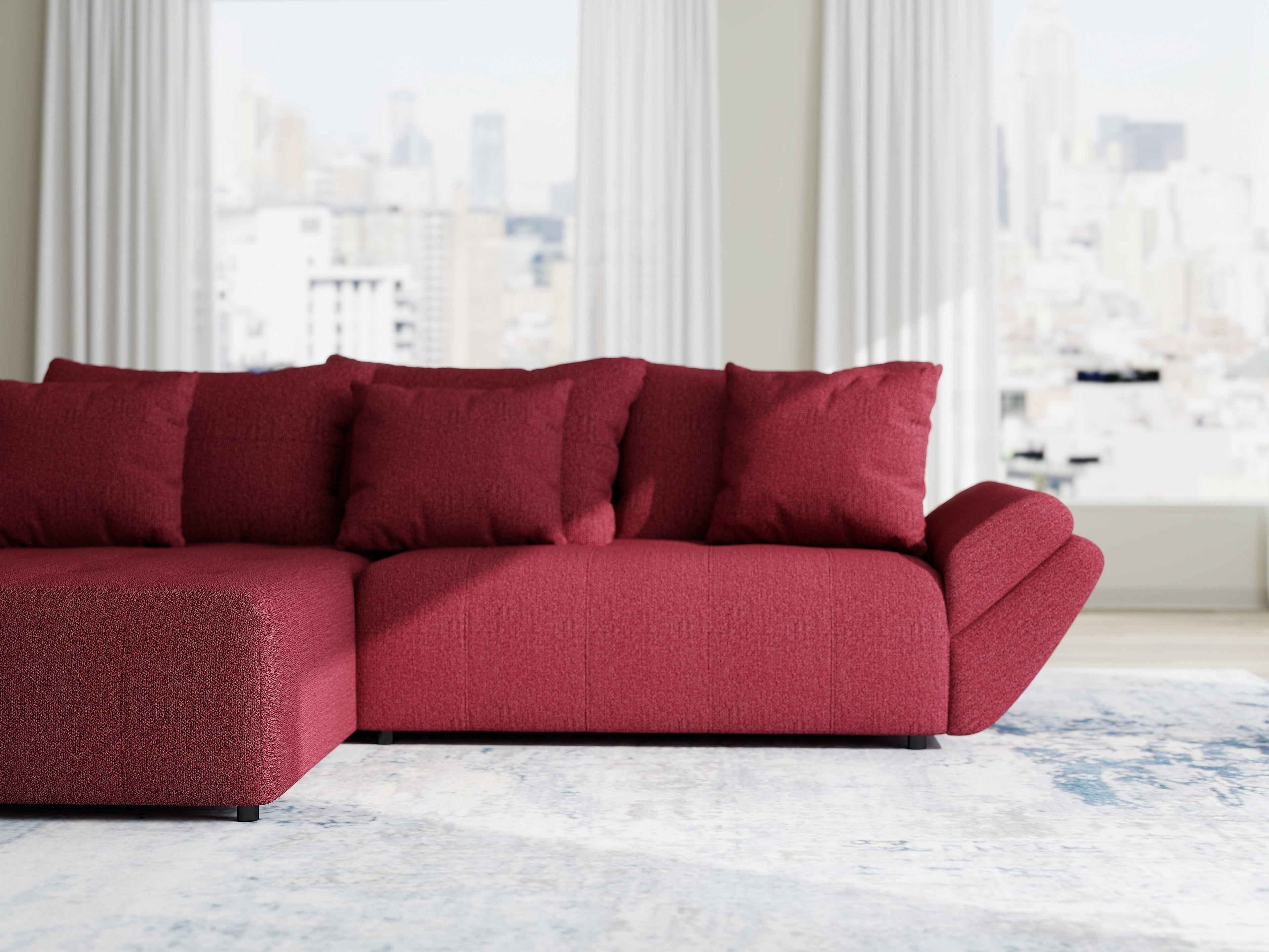 Colțar extensibil dumonde cu ladă de depozitare si sezut confortabil din spuma high-density, Berlin Enjoy Rosu 280x185 cm