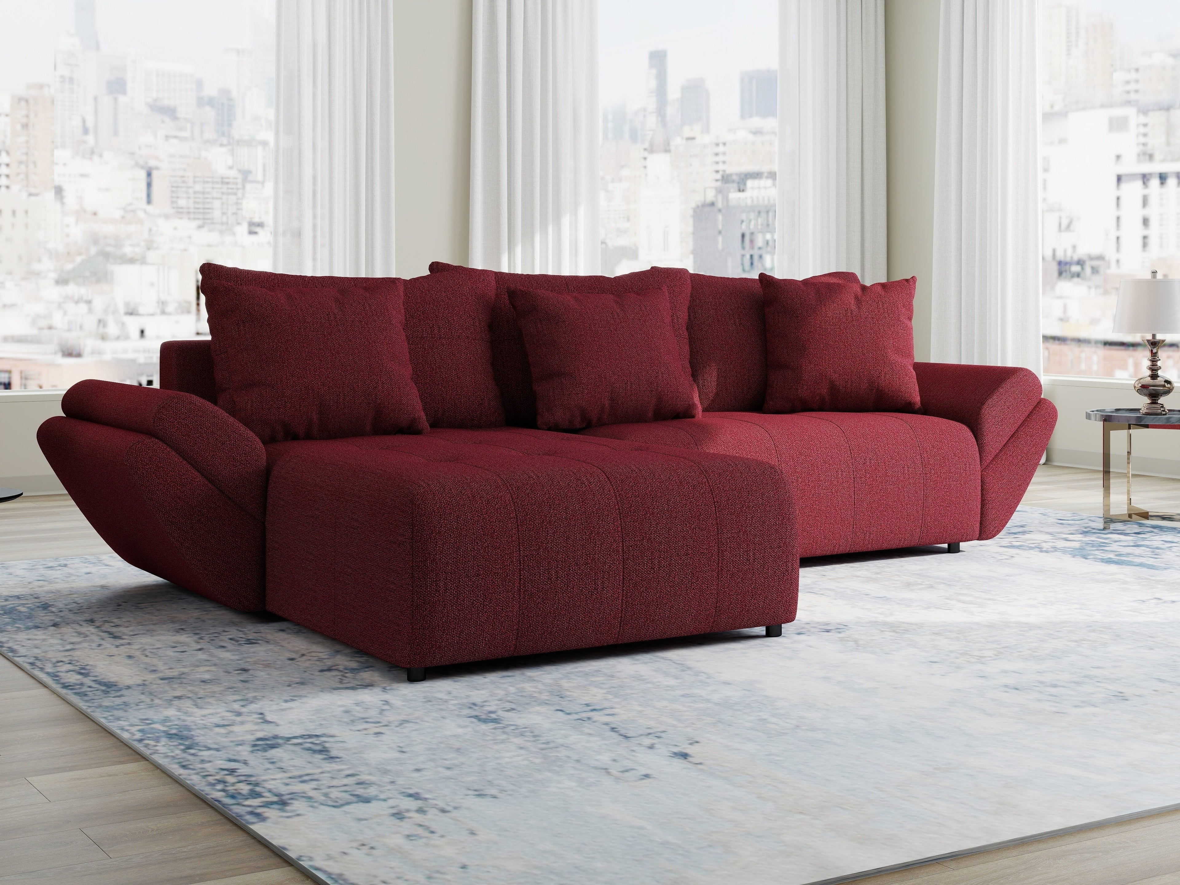 Colțar extensibil dumonde cu ladă de depozitare si sezut confortabil din spuma high-density, Berlin Enjoy Rosu 280x185 cm