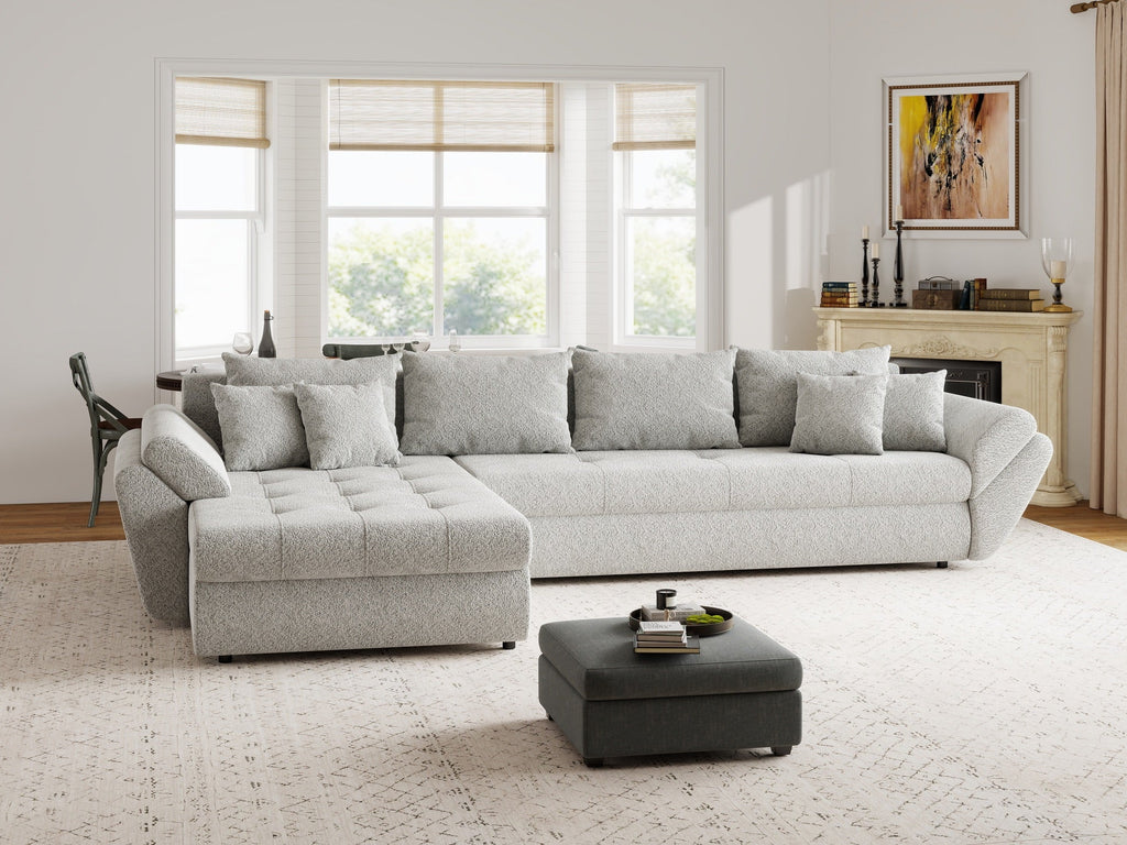 Colțar extensibil dumonde cu ladă de depozitare si sezut confortabil din spuma high-density, Loana XL Arena Gri 335x185 cm