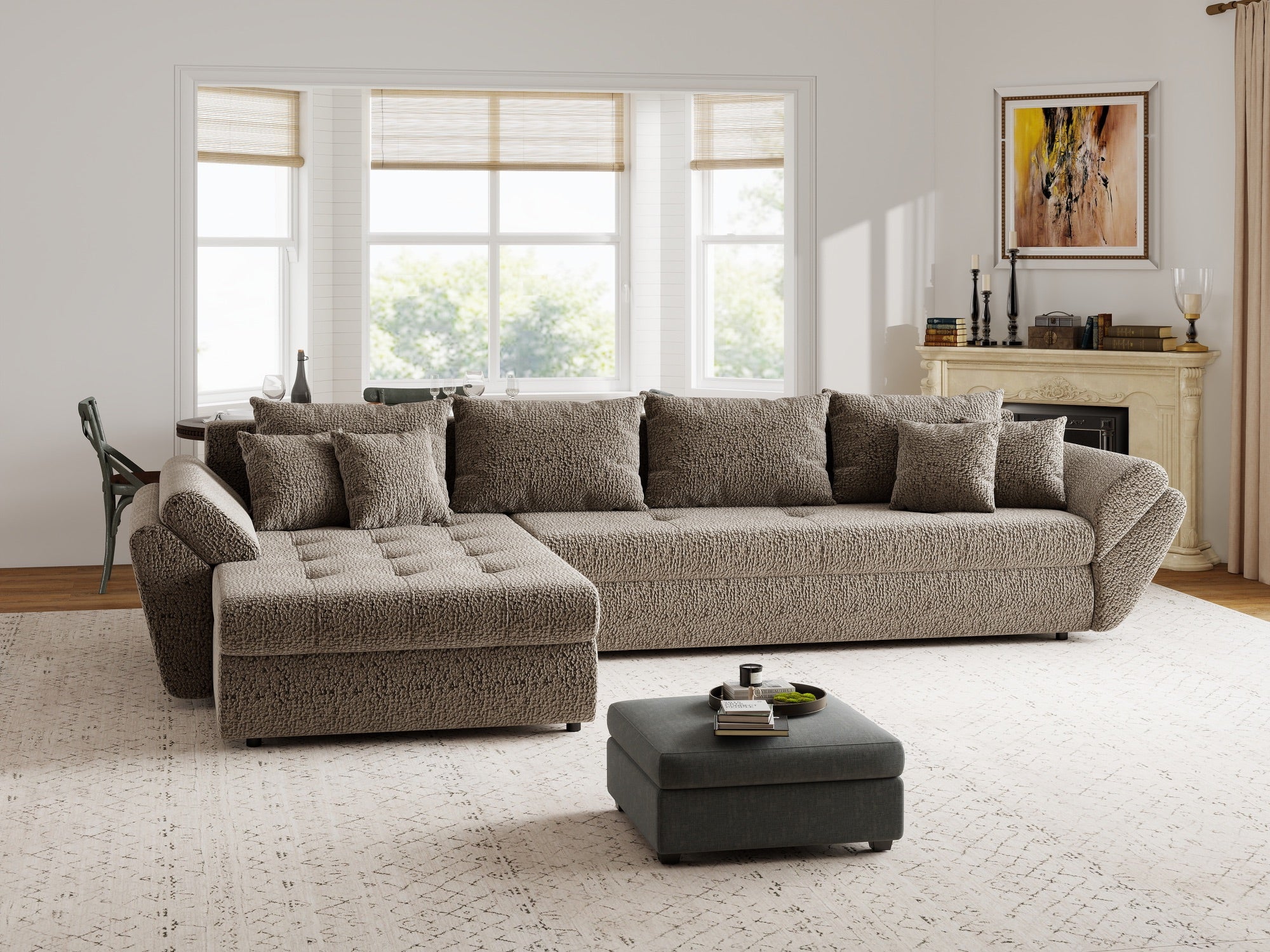 Colțar extensibil dumonde cu ladă de depozitare si sezut confortabil din spuma high-density, Loana XL Jaguar Maro Cappuccino 335x185 cm