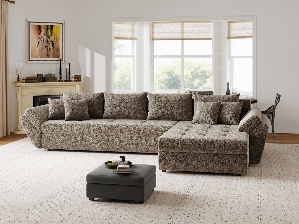 Colțar extensibil dumonde cu ladă de depozitare si sezut confortabil din spuma high-density, Loana XL Jaguar Maro Cappuccino II 335x185 cm