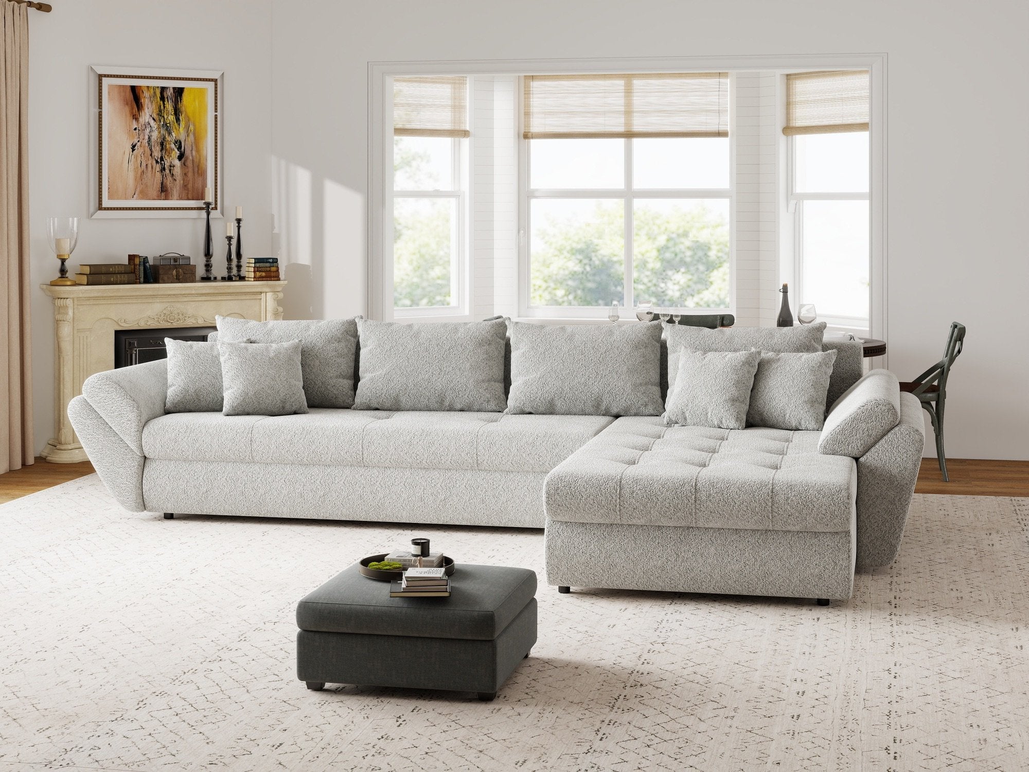 Colțar extensibil dumonde cu ladă de depozitare si sezut confortabil din spuma high-density, Loana XL Arena Gri II 335x185 cm