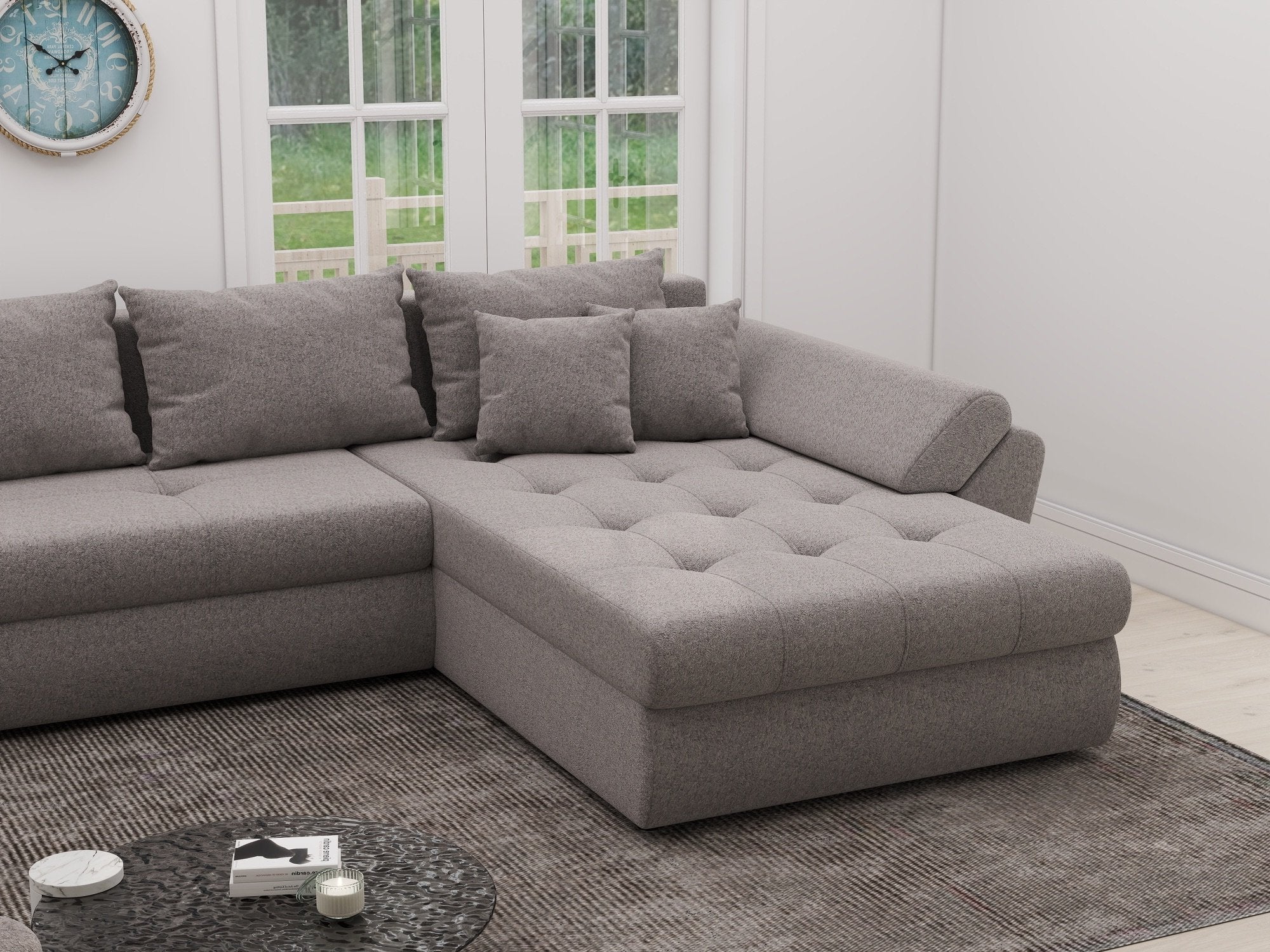 Colțar extensibil dumonde cu ladă de depozitare si sezut confortabil din spuma high-density, Loana XL Monte Gri 16 II 335x185 cm
