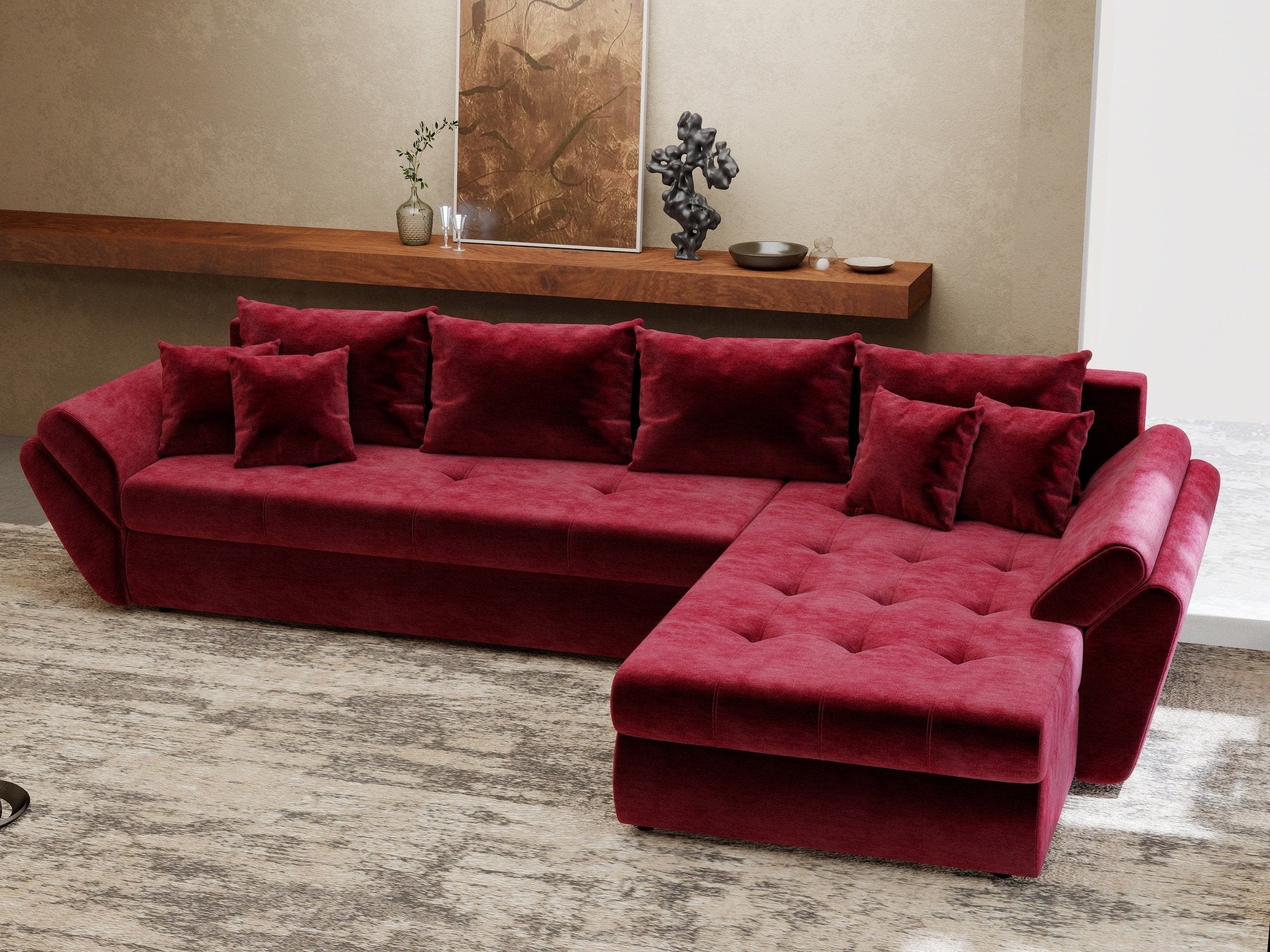 Colțar extensibil dumonde cu ladă de depozitare si sezut confortabil din spuma high-density, Loana XL Monolith Rosu II 335x185 cm