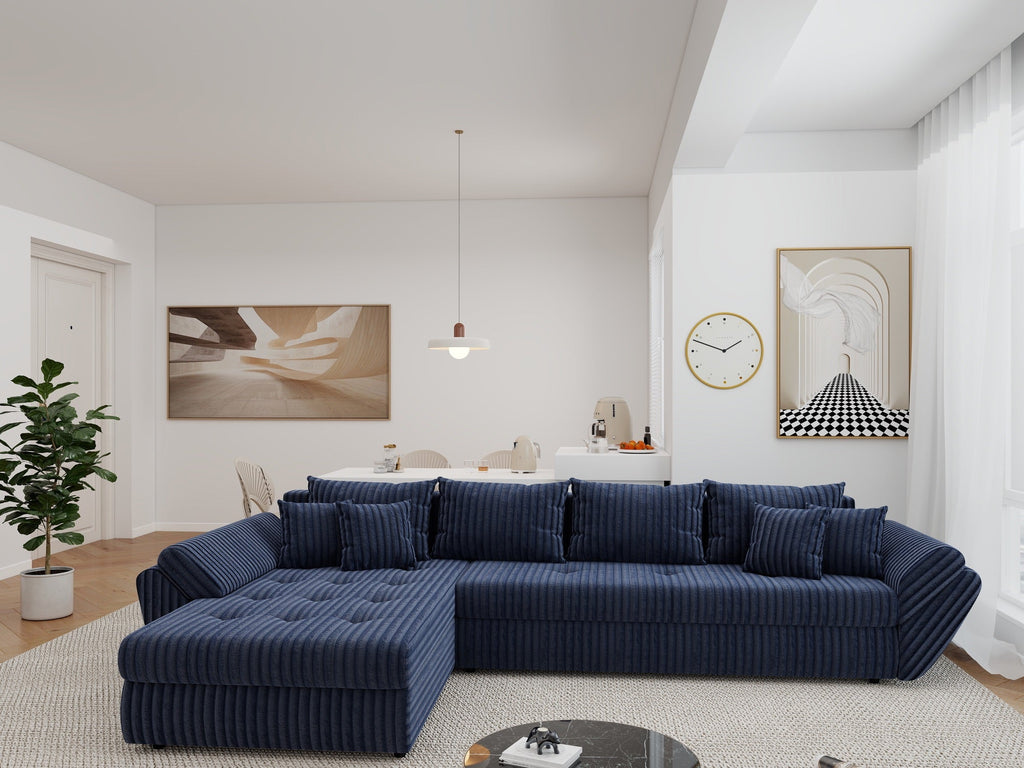 Colțar extensibil dumonde cu ladă de depozitare si sezut confortabil din spuma high-density, Loana XL Tilia Albastru 335x185 cm