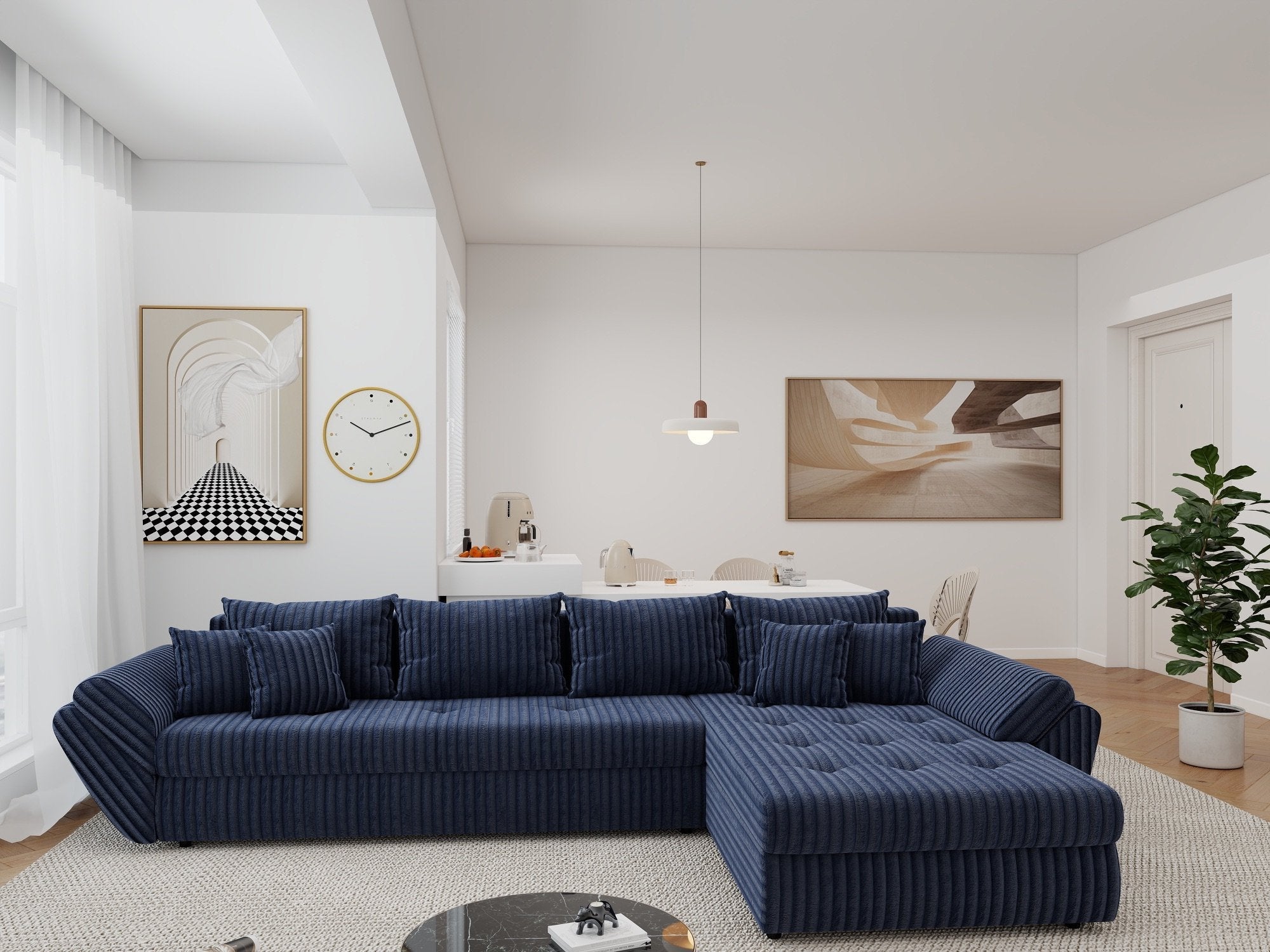 Colțar extensibil dumonde cu ladă de depozitare si sezut confortabil din spuma high-density, Loana XL Tilia Albastru II 335x185 cm