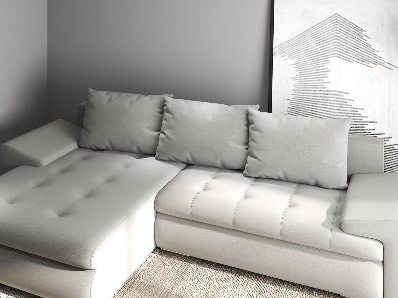 Colțar extensibil dumonde cu ladă de depozitare si sezut confortabil din spuma high-density, Leonardo Royal Gri 260x185 cm
