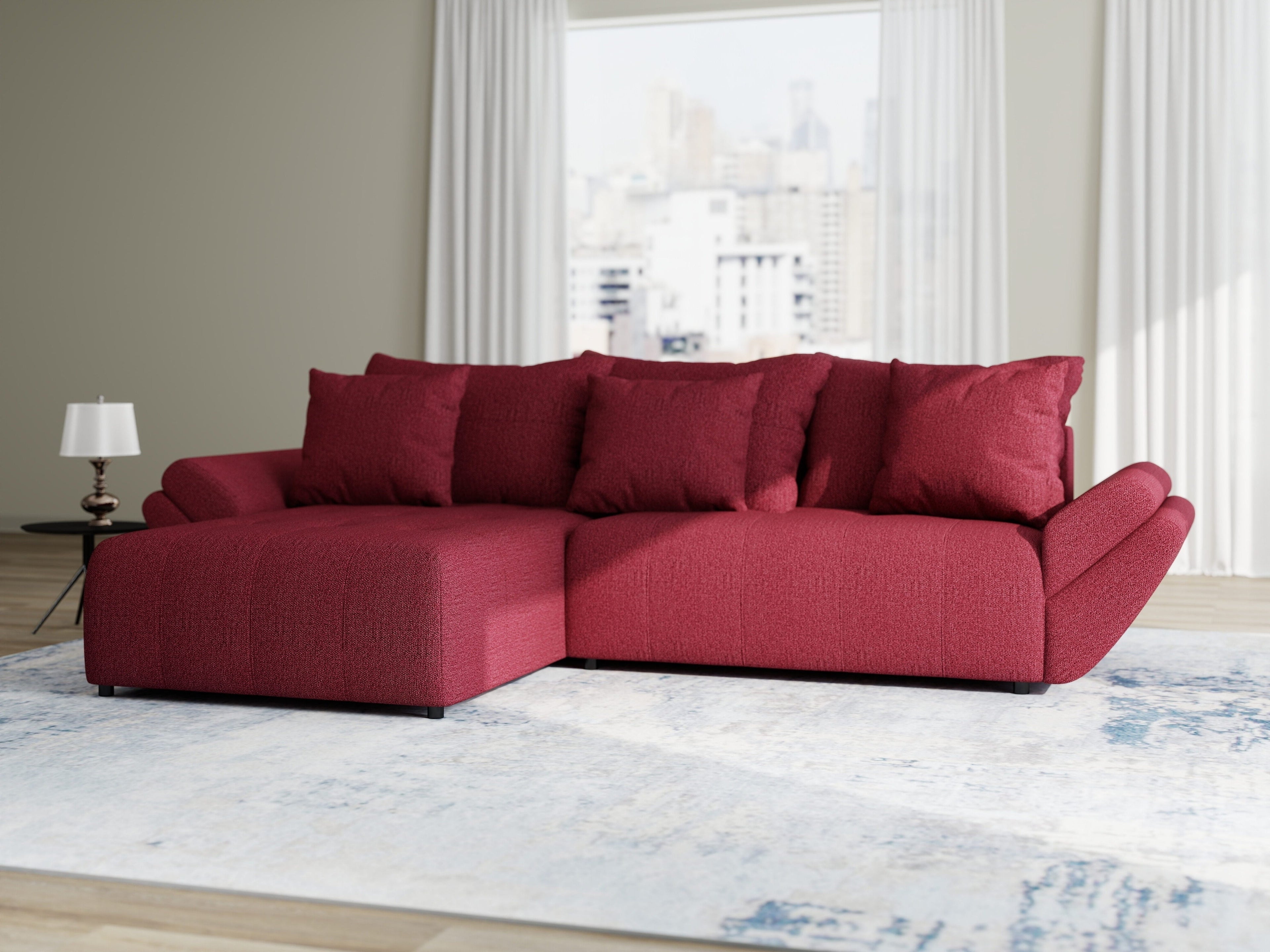Colțar extensibil dumonde cu ladă de depozitare si sezut confortabil din spuma high-density, Berlin Enjoy Rosu 280x185 cm