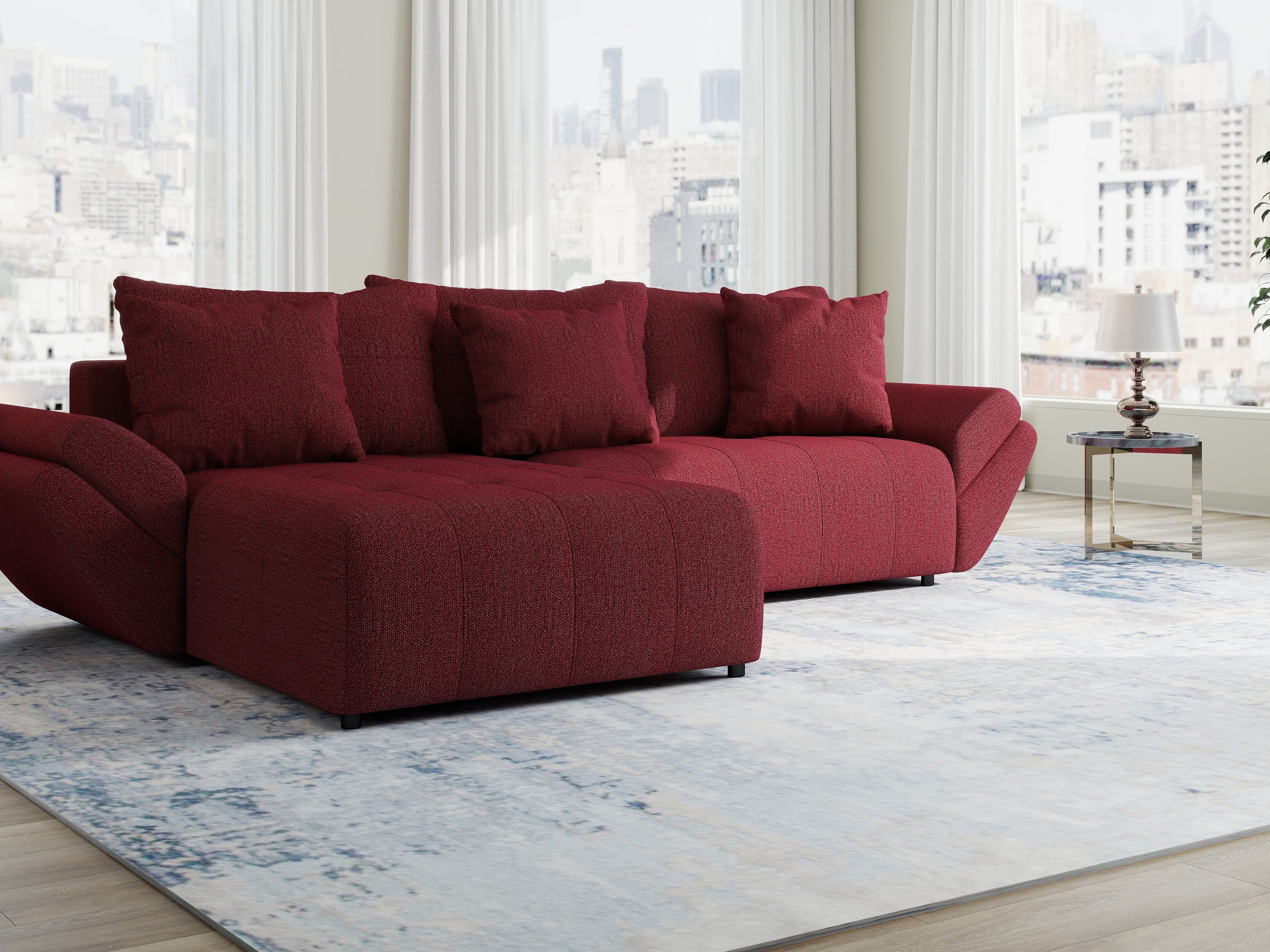 Colțar extensibil dumonde cu ladă de depozitare si sezut confortabil din spuma high-density, Berlin Enjoy Rosu 280x185 cm