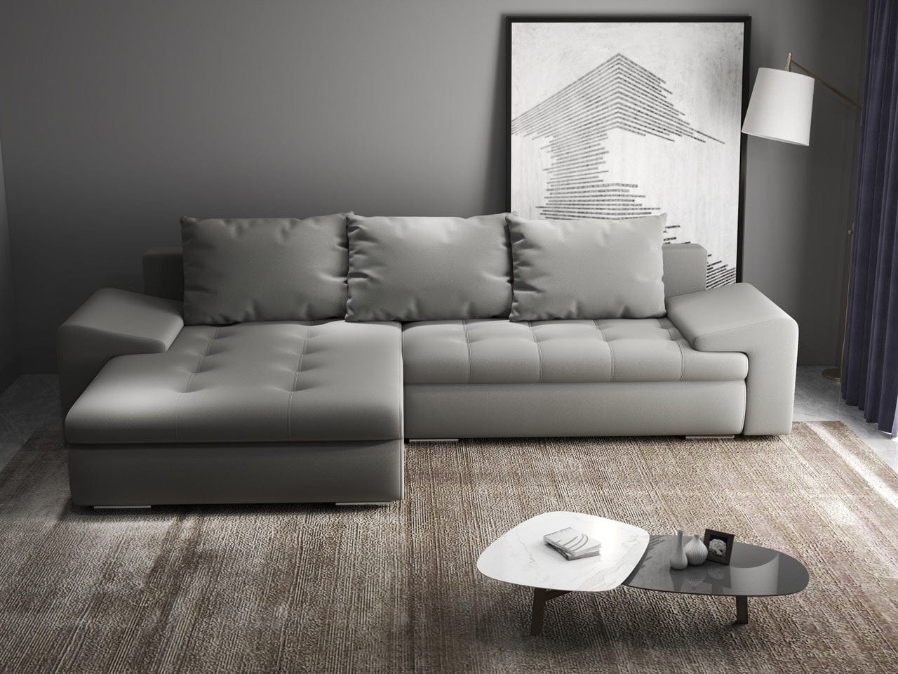 Colțar extensibil dumonde cu ladă de depozitare si sezut confortabil din spuma high-density, Leonardo Royal Gri 260x185 cm
