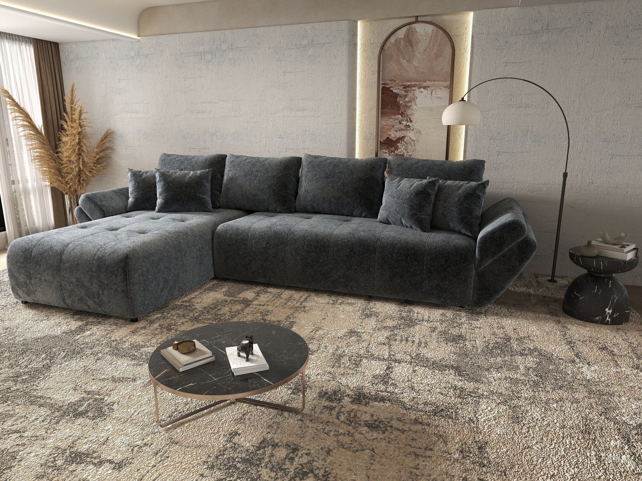 Colțar extensibil dumonde cu ladă de depozitare si sezut confortabil din spuma high-density, Berlin XL Euphoria Graphite 350x185 cm