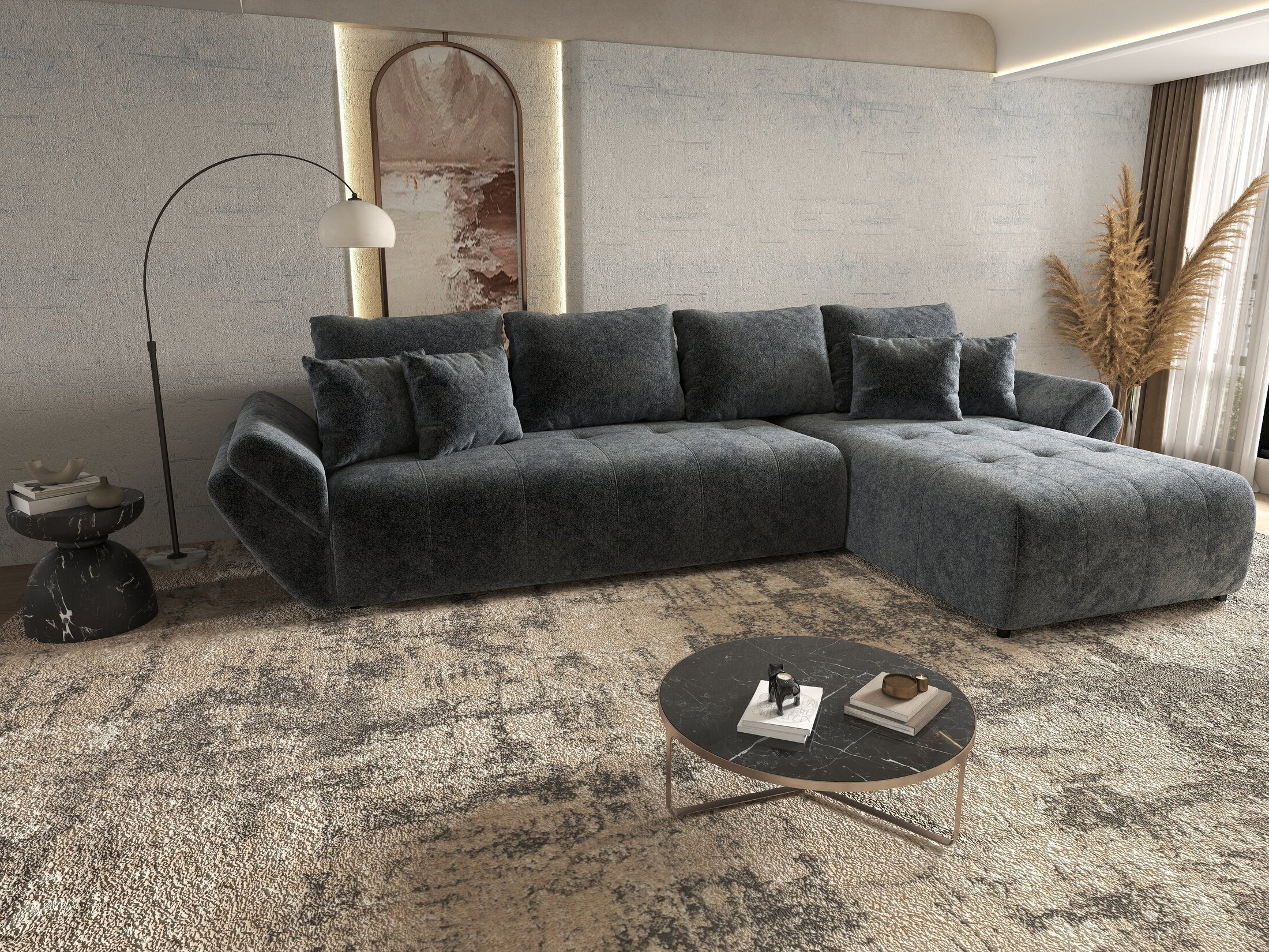 Colțar extensibil dumonde cu ladă de depozitare si sezut confortabil din spuma high-density, Berlin XL Euphoria Graphite 350x185 cm II
