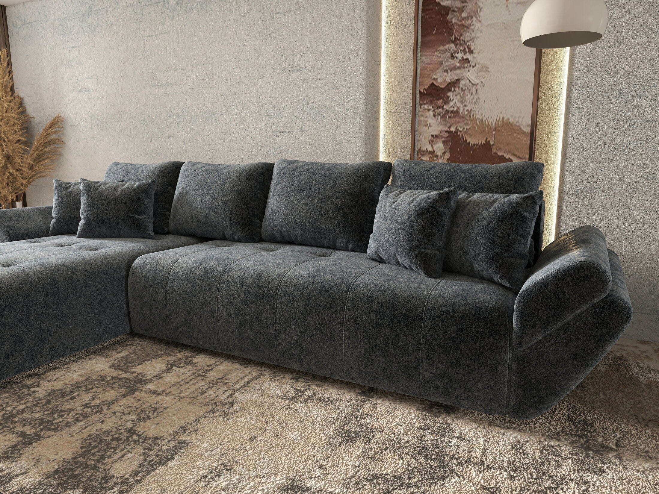 Colțar extensibil dumonde cu ladă de depozitare si sezut confortabil din spuma high-density, Berlin XL Euphoria Graphite 350x185 cm